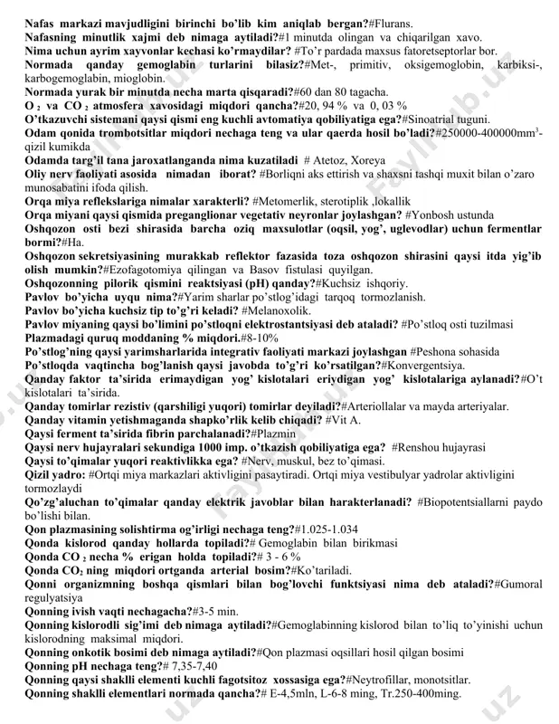 o’lishi membrana orqali qaysi ionlarning xarakati bilan bog’langan? #na+ni kirishi va k+ni chiqishi. harakat potentsialini qanday fazalari mavjud? # depolyarizatsiya (d), reversiya (r), repolyarizatsiya(re) hayvonlarda qachon ko’ruv va eshituv orientirovka reflekslari yo’qoladi? #to’rt tepalikni yadrolari zararlanganda hayvonlardagi 1 - signal sistemasining xarakterli xususiyatlari nimada?#shartsiz reflekslar mustaxkam. hazm sistemasini tekshirishning qanday turlarini bilasiz?# elektrogastrografiya, rentgenologik, skenirovanie, radiotelemetriya usullari, o’tkir va surunkali tajribalar. hujayra membranasida elektr tokni yuzaga chiqishida qaysi ionlar rol o’ynaydi? #na+, ca++, k+, cl+ ichak qisqarishlarini qanday turlarini bilasiz?# peristaltik, mayatniksimon, segmentar, tonik. ichki shartli tormozlanishni kelib chiqishi uchun shartlarni aniqlang? #shartli signalni shartsiz bilan maxkamlamaslik. ikkinchi qon gruppasida qanday agglyutinogen va aglyutininlar bo’ladi?#aglyutinogen a, aglyutinin beta itlarda bo’yin qon tomirlarini chalkashtirib boylash tajribasini birinchi bo’lib kim taklif qilgan?#frederik. joylashgan joyiga qarab retseptorlar ............. bo’linadi? #markaziy, periferik. kalsiy ionlarining ortiqchaligi yurak faoliyatini qanday o’zgartiradi.#ritmning ortishi, yurak qisqarish kuchi ko’payishi, qo’zg’aluvchanlikni ortishi, qo’zg’alish o’tkazish tezlashishi kuzatiladi va yurak sistolada to’xtaydi. …