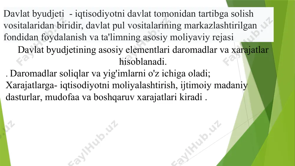 tebranishidan kelib chiqadi. . byudjet xarajatlarining davlat qarzini to’lashga qaratilganiga qarab taqchillik birlamchi yoki ikkilamchi bo’lishi mumkin: birlamchi tanqislik – byudjet xarajatlarining daromadlaridan sof ortishi hisoblanadi. ikkilamchi byudjet taqchilligi - daromaddan ko'ra xarajatlar ortiqcha degani emas, lekin byudjet qarzgining foizini to’lash uchun qo'shimcha xarajatlarning yuzaga kelishidir. byudjet taqchilligini kamaytirish yo’llari: byudjet xarajatlarini; qo'shimcha daromad manbalarini topish; pul qarz olish; pul emissiyasi; davlat qarzi byudjet taqchilligining ko’rinishlaridan biri- davlat qarzi hisoblanadi davlat qarzi - mamlakat mavjud bo'lgan davrda to'plangan davlat byudjeti taqchilligining umumiy summasi. davlat qarzining asosiy shakllari: ichki qarz - davlatning o'z fuqarolari oldidagi qarzi tashqi qarz - davlatning boshqa mamlakatlar fuqarolari va korxonalari oldidagi qarzi davlat qarzini boshqarish davlat qarzini boshqarish - bu davlat qarzini to'lash va miqdorini tartibga solish, shuningdek, yangi qarz mablag'larini jalb qilish bo'yicha hukumat harakatlarining majmuidir. davlat qarzini to’lash uchun manbalar: byudjet vositalari; yangi zayomlarni chiqarish; zayomdan foydalanishni o’zgartirish agar birlamchi byudjet profitsiti mavjud bo'lsa …