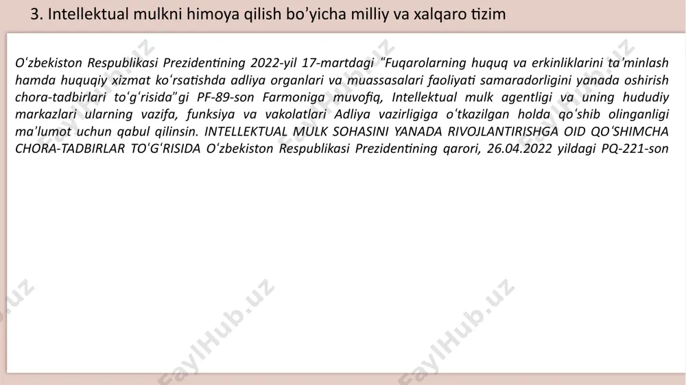 aza qilishni yaxshilash va bu sohadagi milliy qonunchilikni uyg‘unlashtirishga qaratilgan chora-tadbirlarni ishlab chiqishga hissa qo‘shadi; (ii) parij ittifoqining, shu ittifoq bilan bog‘liq tuzilgan maxsus ittifoqlarning va bern ittifoqining ma’muriy vazifalarini bajaradi; (iii) intellektual mulkni muhofaza qilishga ko‘maklashish uchun mo‘ljallangan boshqa har qanday xalqaro shartnomani amalga oshirish uchun ma’muriy boshqarishni qabul qilishga yoki ishtirok etishga rozilik berishi mumkin; (iv) intellektual mulkni muhofaza qilishga yordam beradigan xalqaro shartnomalar tuzishga yordam beradi; (v) intellektual mulk sohasida huquqiy va texnik yordam so‘ragan davlatlarga o‘z hamkorligini taklif qiladi; (vi) intellektual mulkni muhofaza qilish bilan bog‘liq ma’lumotlarni to‘playdi va tarqatadi, bu sohada tadqiqotlar olib boradi va ularni rag‘batlantiradi hamda bunday tadqiqotlar natijalarini e’lon qiladi; (vii) intellektual mulkni xalqaro muhofaza qilishga ko‘maklashuvchi xizmatlarning ishlashini ta’minlaydi va kerak bo‘lganda bu sohada ro‘yxatga olishni amalga oshiradi, shuningdek ushbu ro‘yxatga olish to‘g‘risidagi ma’lumotlarni e’lon qiladi; (viii) boshqa har qanday tegishli choralarni ko‘radi. 3. intellektual mulkni himoya qilish bo’yicha milliy va …