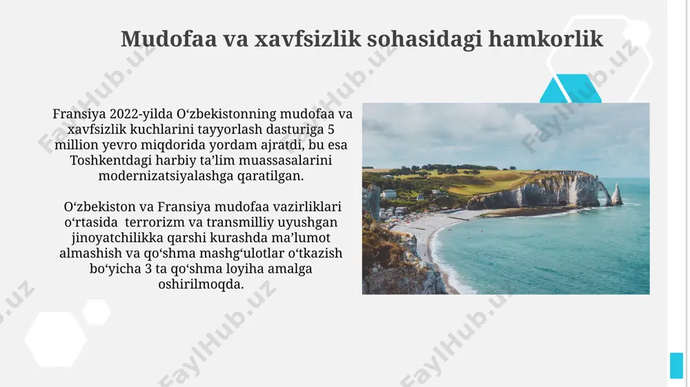 itasi doirasida faol hamkorlik qilmoqda, shu jumladan, inson huquqlari bo'yicha 3-qo'mita va iqtisodiy-ijtimoiy masalalar bo'yicha 2-qo'mita alohida ahamiyatga ega. investitsiyalar va biznes франциянинг "totalenergies" компанияси ўзбекистондаги нефть ва газ конларини қайта ишлашда иштирок этади ва бу соҳада 500 дан ортиқ иш ўрни яратилган. 2022 йилда франциядан ўзбекистонга 150 млн долларлик тўғридан-тўғри хорижий инвестициялар киритилган бўлиб, бу асосан энергетика ва туризм соҳаларига йўналтирилган. qiyinchiliklar va muammolar fransiya kompaniyalarining o‘zbekistondagi faoliyatida byurokratik to‘siqlar, xususan, 2021-yilda 50 dan ortiq ruxsatnomalarni olish jarayonida kechikishlar kuzatildi, bu esa investitsiyalar hajmining kamayishiga olib keldi. o‘zbekiston va fransiya o‘rtasidagi savdo hajmi 2022 yilda 500 million dollar atrofida bo‘lib, bu ikki mamlakatning iqtisodiy salohiyatiga nisbatan ancha past ko‘rsatkichdir, parij va toshkent o‘rtasida tovar ayirboshlashni ko‘paytirish bo‘yicha amaliy chora-tadbirlarni tezlashtirish zarur. iqtisodiy hamkorlik 2022-yilda oʻzbekiston va fransiya oʻrtasidagi tovar ayirboshlash hajmi 300 million aqsh dollaridan oshdi, bu ikki mamlakat oʻrtasidagi iqtisodiy hamkorlikning sezilarli darajada oʻsishini koʻrsatadi. fransiya kompaniyalari oʻzbekistonda, …