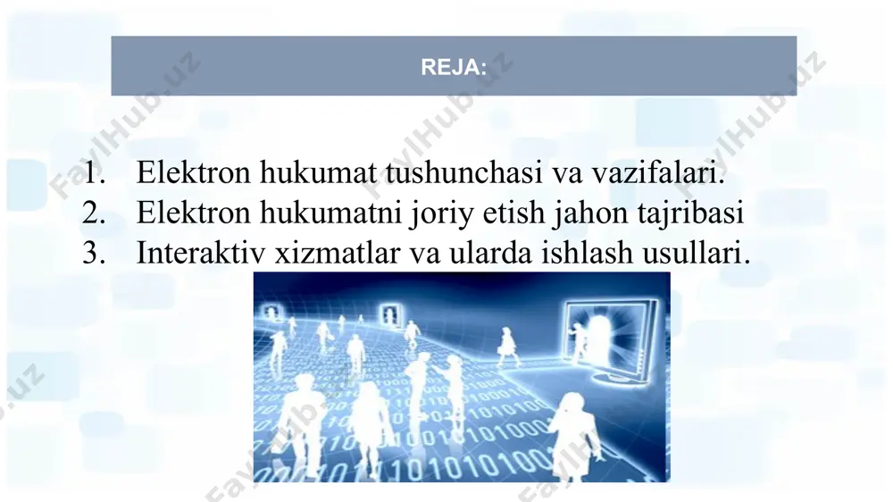 dan fuqarolarning barcha toifalariga elektron vositalar bilan xizmatlar ko‘rsatishni, o‘sha vositalar yordamida fuqarolarga davlat organlarining faoliyati haqida axborot berishni ta’minlaydi. elektron hukumat tafsiflari xalq hukumat tizimini yaratish, axborot va xizmatlardan foydalanishni ta’minlash, shuningdek davlat boshqaruvi samaradorligini oshirish va davlat xizmatlaridan unumli foydalanish uchun axborot texnologiyalarini qo‘llash. hukumat va xalq o‘rtasidagi o‘zaro munosabatlarni yaxshilash maqsadida xalq va davlatga axborotni xamda xizmatlarni taqdim etish uchun internetdan foydalanish. korea aqsh bmt o’zbekiston davlat organlarining jismoniy va yuridik shaxslarga axborot-kommunikatsiya texnologiyalarini qo‘llash yo‘li bilan davlat xizmatlari ko‘rsatishga doir faoliyatini, shuningdek idoralararo elektron hamkorlik qilishni ta’minlashga qaratilgan tashkiliy-huquqiy chora-tadbirlar va texnik vositalar tizimi davlat va hukumat organlarini boshqarish vazifalarini samarali bajarilishi. elektron hukumat elektron hukumat, bu – raqamli texnologiyalar, internet va zamonaviy ommaviy axborot vositalari asosida davlat xizmatlarini taqdim qilish jarayonini, fuqarolarni va boshqaruvchanlikni va tashqi o'zaro munosabatlarda o'zgartirishlar vositasida ishtirokini doimiy optimallashtirishdir. elektron hukumat aholiga, tadbirkorlarga va davlat organlariga ko'rsatilayotgan davlat xizmatlarini taqdim qilishn …