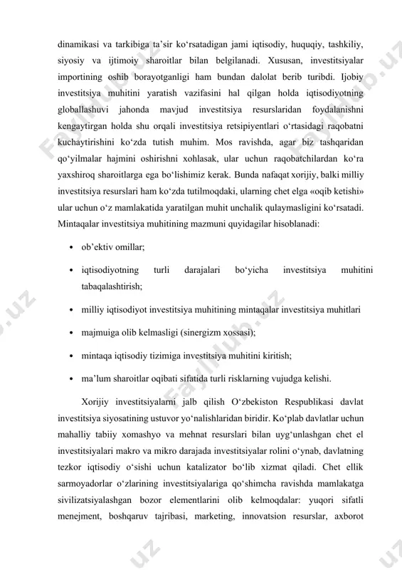 zbekiston respublikasi prezidenti sh.m.mirziyoyevning 2020 yil 29 dekabrdagi oliy majlisga murojaatnomasida "iqtisodiy o'sishga, avvalo, raqobatdosh sanoat zanjirlarini yaratish hamda bunday loyihalarga investitsiyalarni ko'paytirish orqali erishiladi" deb ta'kidlab o'tgan edi. 1-rasm. o‘zbekistonda 2021-yilda investitsion faoliyat investitsion faoliyatning maqsadi jamiyatning ijtimoiy va iqtisodiy rivojlanishining yuqori darajasiga erishish bo’lsa, uning vositalari bo’lib investitsiya, investitsion salohiyat hamda investitsiya jarayonlari hisoblanadi. investitsion qo’yilmalardan daromad olish, mavjud kapitalni hamda investitsion resurslarni ko’paytirish va ulardan samarali foydalanish shartsharoitlarini yaratish investitsion faoliyatning natijasi sifatida baholanadi. shuningdek, investitsiya faoliyati: 1) mustaqil faoliyat; 2) mol-mulk hamda mulkiy huquqlarni investitsiya qilish; 3) tavakkalchilikka muvofiq; 4) foyda olish yoki boshqa ijobiy samaraga erishishga yo’naltirilgan; 5) muayyan huquqiy shaklda amalga oshiriladigan; 6) investitsiya vositalaridan maqsadli foydalanishni ifodalovchi; 7) bir necha bosqichlarda amalga oshirilishi kabi o’ziga xos belgilari bilan boshqa faoliyat turlaridan ajralib turadi. boshqa faoliyat turlari kabi investitsiya faoliyati ham muayyan shaxslar doirasi tomonidan amalga oshiriladi. mazkur shaxslar doirasi investitsiya faoliyati subyektlarini tashki …