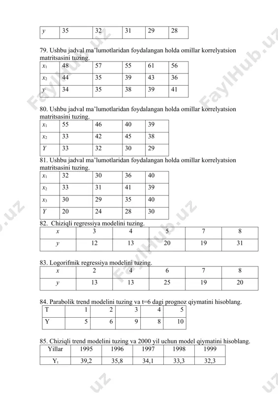 8 5 3,8 25 2 5 10 3,7 30 3 4,9 12 6 35 4 4 15 4 20 5 3,8 20 5 14 77. ushbu jadval ma’lumotlaridan foydalangan holda omillar korrelyatsion matritsasini tuzing. x1 43 49 58 56 62 x2 48 45 36 40 44 y 33 35 36 39 40 78. ushbu jadval ma’lumotlaridan foydalangan holda omillar korrelyatsion matritsasini tuzing. x1 52 54 45 39 38 x2 36 32 41 44 37 y 35 32 31 29 28 79. ushbu jadval ma’lumotlaridan foydalangan holda omillar korrelyatsion matritsasini tuzing. x1 48 57 55 61 56 x2 44 35 39 43 36 y 34 35 38 39 41 80. ushbu jadval ma’lumotlaridan foydalangan holda omillar korrelyatsion matritsasini tuzing. x1 55 46 40 39 x2 33 42 45 38 y 33 32 30 29 81. ushbu jadval ma’lumotlaridan foydalangan holda omillar korrelyatsion matritsasini tuzing. x1 32 30 36 40 x2 33 …
