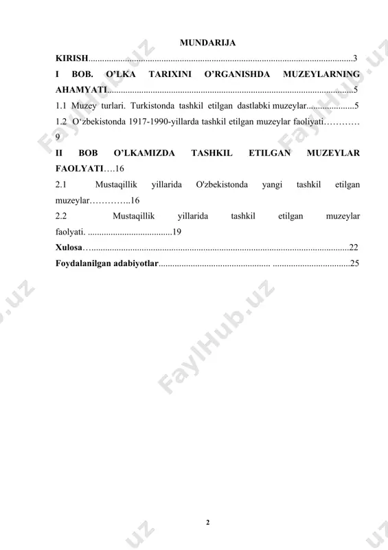 afakkumi rivojlantiruvchi, yoshlarda milliy g‘urur va lftixomi yuksaltirishga xizmat qiluvchi ekspozitsiyalar qo‘yilgan. «albatta, har qaysi xalq yoki millatning ma’naviyatim uning tarixi, o'ziga xos urf-odat va arfanalan, hayotiy qadriyatlaridan ayri holda tasavvur etib boimaydi»1. o‘zbekiston respublikasidagi muzeylar va tarixiy me’moriy yodgorliklar milliy g‘oyani targ‘ib etish, xalq ongida milliy g'urur va qadriyatlami kuchaytinshda muhim rol o‘ynaydi. o‘zbekiston respublikasi mustaqillikka erishganidan so‘ng temuriylar tarixi davlat muzeyi, qatag‘on qurbonlari xotirasi muzeyi, termiz arxeologik muzeyi va boshqa qator yangi muzeylar tashkil etildi. kurs ishining maqsadi: muzey turlari va vatanimizdagi o’rni umumiy tushunchaga ega bo’lish. kurs ishining obyekti va predmeti: muzey turlari va ularning vatanimiz tarixini oʻrganishdagi oʻrni haqida tarixiy manbalardan foydalanish. kurs ishining vazifalari: • mavzuga oid manbalarni tahlil qilish va umumlashtirish. • muzey turlari va ularning vatanimiz tarixini oʻrganishdagi oʻrnini o’rganish. • muzeylarning yurtimizdagi o’rnini o‘rganish . kurs ishining tuzilishi: kurs ishi kirish qismi, ikki bob, xulosa, foydalanilgan adabiyotlar ro’yxati hamda iborat. i bob …