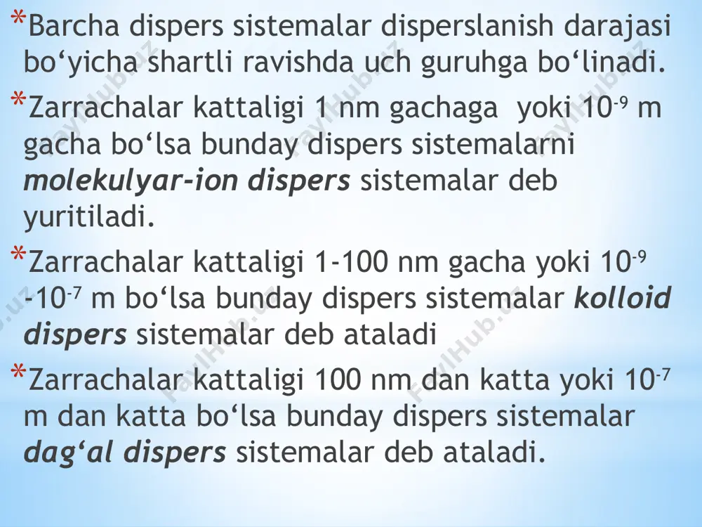 avatdan ma’lum masofadan keyin siljish tekisligida yuz beradi. qattiq fazani suyuq fazaga nisbatan siljishi elektroforez deyiladi. suyuq fazani qattiq fazaga nisbatan siljishi elektroosmos deyiladi. kolloid zarrachaning tuzilishini kumush xlorid zoli misolida ko‘rib chiqamiz. u kumush nitrat eritmasi bilan natriy xlorid eritmasi ta’sirlashganda, eritmalardan biri ortiqroq miqdorda bo‘lgan sharoitda hosil bo‘ladi agno3+nacl = agcl + nano3 agar natriy xlorid ortiq bo‘lsa, xlor va na ionlarining bir qismi eritmada ortiqcha miqdorda bo‘ladi. panet-fayans qoidasiga binoan molekularlar agregati sirtida uni tarkibi va tabiatiga yaqin ionlar adsorbsiyalanadi. masalan, eritmadagi ortiqcha natriy va xlor ionlaridan n ta xlor ionlari potensial aniqlovchi ion agcl ni yuzasiga adsorbsiyalanadi. yadro atrofida adsorbsiyalangan potensial aniqlovchi xlor ionlari o‘zlariga qarama-qarshi zaryadlangan (n-x) ta natriy ionlarini o‘ziga tortadi. potensial aniqlovchi ionlar qarama-qarshi zaryadlangan natriy ionlari bilan birgalikda adsorbsion qavatni tashkil etadi. qarama-qarshi zaryadli ionlarning kolloid zarracha agregatiga adsorbsiyalanmagan bir qismi diffuzion qavatni hosil qiladi. ularning soni (x) bilan belgilanadi. natriy xlorid …