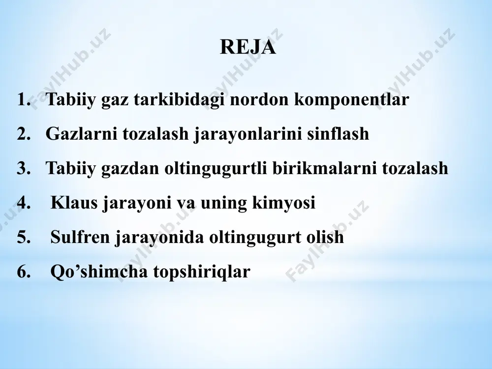 adigan mahsulotlar tarkibidan oltingugurtni qayta ishlab tozalashni talab qiladi. tabiiy gaz tarkibidagi nordon komponentlar: vodorod sulfid tiollar (merkaptanlar) oltingugurtli gazlarning sinflanishi gazlarni tozalash jarayonlarini sinflash 1. absorbsiya jarayonlari 2. adsorbsiya jarayonlari 3. xemosorbsiya jarayonlari 4. kombinatsiyalangan jarayonlar: - selektiv bo’lishi; - kimyoviy va termik barqaror; - bug’ bosimi va korroziyasi past bo’lishi; - yuqori yutish qobiliyati; - uv larga nisbatan inert; - arzon bo’lishi va noyob bo’lmasligi; - kam zaharli bo’lishi kerak. 5. oksidlash jarayonlari kimyoviy jarayonlar h2s dan oltingugurtni sanoat miqiyosida ishlab chiqarishning ikki bosqichli usuli mavjud: i bosqich: h2s ning so2 ga termik oksidlanishi. h2s ni 900-1350 °c da stexiometrik miqdordagi kislorod bilan oksidlanadi: 2h2s + 3o2 ↔ 2so2 + 2h2o ushbu bosqichda h2s massasining 70% gacha sarf bo’ladi va shu bilan birga, kataliz bosqichidan oldin ishlatilishi kerak bo'lgan katta miqdordagi issiqlik chiqariladi. ii bosqich: h2s va so2 ning katalitik konversiyasi. jarayon 220-250 °c da sodir bo'ladi, katalizator …