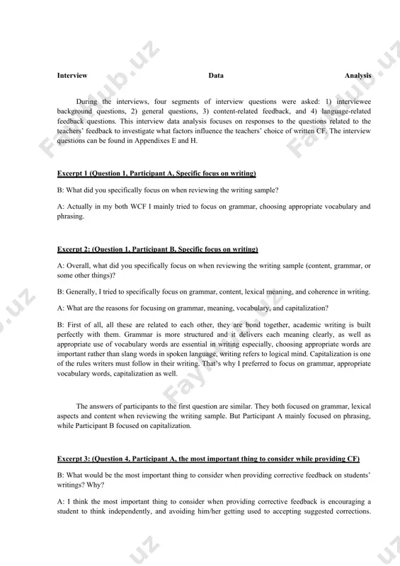 indirect cf indicating + locating error 5(14.7 %) indication only metalinguistic cf use of error code brief grammatical description 4(11 %) reformulation content writing style in total 34 participant b mostly utilized direct corrective feedback and metalinguistic explanations. as in appendix f, they involve grammar (highlighted with red color), meaning/content/structure (highlighted with blue color), capitalization (dark blue color), and vocabulary (provided in black color). among these four distinctions, grammar-related errors accounted for 38 % (13 out of 34 errors), vocabulary-related corrective feedback (23 %), and the remaining capitalization and meaning-related cf accounted for 39 % together. for instance, in the sentence “in the field of foreign language learning, language motivation may be the key to improving their learning ability and desire.” participant b added the indefinite article “a” before the words “language motivation”, then changed “the” article into “a” before the word “key”, and in the word “improving” she deleted …