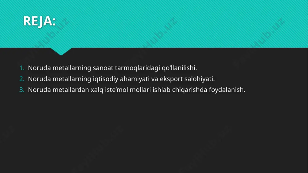 anoati, elektronika va boshqa ko‘plab sohalarda keng qo‘llaniladi. noruda metallari sanoat tarmoqlarining rivojlanishiga katta hissa qo‘shadi. ular po‘lat, alyuminiy, mis va boshqa mahsulotlarni ishlab chiqarishda ishlatiladi, bu esa qurilish, avtomobil sanoati, elektrotexnika va boshqa ko‘plab sohalarning rivojlanishini ta’minlaydi. bu metallarning qazib olinishi va qayta ishlanishi ko‘plab ish o‘rinlarini yaratadi, shu bilan birga texnologik va muhandislik malakalariga ega mutaxassislarni talab qiladi. noruda metallari mamlakatning iqtisodiy barqarorligini ta'minlashda ham muhim rol o'ynaydi. ularning eksporti mamlakatning iqtisodiy salohiyatini oshiradi, bu esa importga nisbatan ijobiy tijorat balansi yaratishga yordam beradi. noruda metallarini ishlab chiqarish va eksport qilish mamlakatning global bozorlardagi mavqeini mustahkamlashga yordam beradi. etiboringiz uchun rahmat! image2.jpeg image3.jpeg /docprops/thumbnail.jpeg