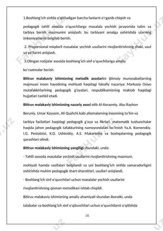 ri, matematik tushunchalar haqida jahon pedagogik tafakkurining namoyondalari bo’lmish ya.a. komenskiy, i.g. pestolotsi, k.d. ushinskiy, a.s. makarenko va boshqalarning pedagogik qarashlari olindi. bitiruv malakaviy ishimizning yangiligi shundaki, unda: - tahlil asosida masalalar yechish usullarini rivojlantirishning mazmuni, mohiyati hamda vazifalari belgilandi va uni boshlang’ich sinfda samaradorligini oshirishda muhim pedagogik shart-sharoitlari, usullari aniqlandi. - boshlang’ich sinf o’quvchilari uchun masalalar yechish usullarini rivojlantirishning qisman metodikasi ishlab chiqildi. bitiruv malakaviy ishimizning amaliy ahamiyati shundan iboratki, unda talabalar va boshlang’ich sinf o’qituvchilari uchun o’quvchilarni o’qitishda foydalanishlari mumkin bo’lgan nazariy asos va ko’rsatmalar berilgan. bitiruv malakaviy ish himoyasiga olib chiqilgan masalalar: 1.boshlang’ich sinf o’quvchilarini masalalar yechishni o’rganishning pedagogik imkoniyatlari. 2. boshlang’ich sinf o’quvchilariga masalalar yechishning mazmuni vazifalari. 3.dars va darsdan tashqari sharoitlarda boshlang’ich sinf o’quvchilariga masalalar yechishni o’rgatish usullarini qo’llashning asosiy tamoyillari, usullari. i bob. kichik maktab yoshidagi o'quvchilarga murakkab masalalar yechishning nazariy asoslari va pedagogik shart sharoitlari masalalar yechish matematika o’qitishning tarkibiy qismidir. masalalar yechmasdan …