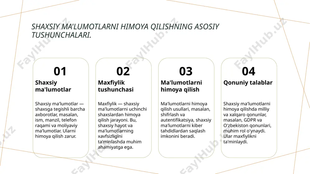 ash va ishlatishni tartibga soladi. 2 qonuniy talablar - o'zbekistonda shaxsiy ma'lumotlarni himoya qilish bo'yicha qonuniy talablar, ma'lumotlarni yig'ish va ishlatish jarayonida shaffoflikni ta'minlaydi. 3 ma'lumotlarni boshqarish - qonunlar shaxsiy ma'lumotlarni boshqarish va himoya qilishda foydalanuvchilarga o'z ma'lumotlariga bo'lgan huquqlarini ta'minlaydi, ma'lumotlarning nojo'ya ishlatilishini cheklaydi. kiber tahdidlarga qarshi himoya vositalari: asosiy tushunchalar va amaliyotlar. kiber tahdidlar turlari himoya vositalari amaliyotlar va strategiyalar kiber tahdidlar turli xil shakllarda paydo bo'lishi mumkin, jumladan, viruslar, troyanlar, phishing hujumlari va ddos hujumlari. har bir tur o'ziga xos xavflarni keltirib chiqaradi. kiber tahdidlardan himoya qilish uchun antivirus dasturlari, xavfsizlik devorlari va shifrlash usullari muhimdir. bu vositalar ma'lumotlarni himoya qilishda samarali yordam beradi. kiber tahdidlarga qarshi kurashda muntazam yangilanish, foydalanuvchilarni ta'lim berish va xavfsizlik protokollarini joriy etish muhim ahamiyatga ega. bu usullar xavfsizlikni oshiradi. kiber hujumlar va ularning oldini olish: eng samarali strategiyalar. 1 kiber hujumlar turlari - kiber hujumlar ko'p turlarga bo'linadi: ddos, phishing, malware …
