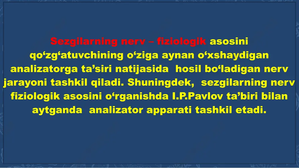 , u yanada kuchayganda og‘riq sezgisiga aylanadi. 1- og'riqni sezuvchi retseptor; 2-siypalashni sezuvchi retseptor; 3-sovuqni sezuychi retseptor; 4- issiqni sezuvchi retseptor; 5-bosimni sezuvchi retseptor. 25 muskul –harakat sezgilari, statik sezgilar 26 muskul-harakat sezgilari motor sezgilar deb nomlanib, ularga og‘irlikni, qarshilikni, organlar harakatini bilish sezgilari kiradi. ularning organlari–gavda muskullari, paylar, bo‘g‘imlardan iboratdir. organlarning tarkibida sezuvchi nervlarning chekka tarmoqlari mavjud bo‘lib, ularning ta’sirida harakat va statik sezgilar vujudga keladi. statik sezgilar gavdaning fazodagi holatini sezish va muvozanat saqlash sezgilari deb ataladi. 27 gavdaning fazodagi holatini bilish va muvozanat saqlash sezgisi uchun ichki quloqdagi vestibulyar apparat, retseptor vazifasini bajaradi. vestibulyar apparat quloq dahlizi yarim doira kanallaridan tashkil topgan bo‘ladi, sezuvchi nerv tarmoqlari esa gavdaning fazodagi harakatini va holatini boshqaradi. gavda muvozanatini saqlashda alohida ahamiyat kasb etib, ular endolimfada suzib yuradigan mayda ohaktosh kristallardan tashkil topgan. organik sezgilarning retseptorlari ichki organlarda, qizilo‘ngach, me’da, ichak, qon tomirlari, o‘pka va shu kabilarda joylashgan bo‘ladi. ichki organlardagi …