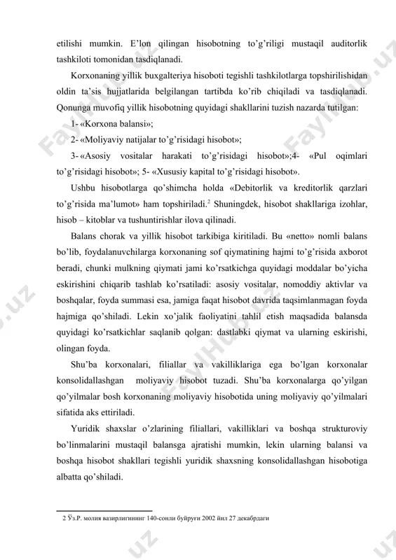 rga qo’yilgan qo’yilmalar bosh korxonaning moliyaviy hisobotida uning moliyaviy qo’yilmalari sifatida aks ettiriladi. yuridik shaxslar o’zlarining filiallari, vakilliklari va boshqa strukturoviy bo’linmalarini mustaqil balansga ajratishi mumkin, lekin ularning balansi va boshqa hisobot shakllari tegishli yuridik shaxsning konsolidallashgan hisobotiga albatta qo’shiladi. konsolidallashgan hisobotga bosh korxonaning moliyaviy hisoboti ilova qilinadi. konsolidallashgan hisobot 8 –sonli milliy standartga binoan tuziladi. lekin vazirliklar, idoralar va budjet tashkilotlari bo’yicha tuziladigan yig’ma moliyaviy hisobotlar bundan mustasno. yillik moliyaviy hisobot quyidagi hajmida topshiriladi: - buxgalteriya balansi (1-shakl); - moliyaviy natijalar to’g’risida hisobot (2-shakl); - asosiy vositalar harakati to’g’risida hisobot (3-shakl); - pul oqimlari to’g’risida hisobot (4-shakl); - xususiy kapital to’g’risida hisobot (5-shakl); - debitor va kreditor qarzlari to’g’risida ma’lumot (2-a-shakli). kichik korxonalar va mikrofirmalar faqat quyidagi shakllardan iborat bo’lgan yillik moliyaviy hisobot topshiradi: a) buxgalteriya balansi (1-shakl); b) moliyaviy natijalar to’g’risida hisobot (2-shakl); ye) debitor va kreditor qarzlari to’g’risida ma’lumot (2-a-shakli). хo’jalik yurituvchi subyektlarning yillik moliyaviy hisoboti qiziquvchi …