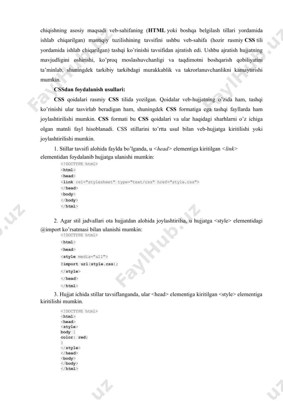 ylda bo’lganda, u elementiga kiritilgan elementidan foydalanib hujjatga ulanishi mumkin: 2. agar stil jadvallari ota hujjatdan alohida joylashtirilsa, u hujjatga elementidagi @import ko’rsatmasi bilan ulanishi mumkin: @import url(style.css); 3. hujjat ichida stillar tavsiflanganda, ular elementiga kiritilgan elementiga kiritilishi mumkin. body { color: red; } 4.hujjat ichidagi elementning attributi sifatida kiritilishi mumkin: ..... ..... html jadvali katakchalar, qatorlar va ustunlardan iborat bo‘lib, sarlavha, asosiy va pastki qismga ega bo‘lishi mumkin. css orqali uni ichki jadval teglari va selektor sifatida maxsus sinflar va identifikatorlar yordamida uslublash mumkin. jadvallarga chiroyli ko'rinish berish uchun siz allaqachon tanish bo'lgan ko'plab css xususiyatlaridan foydalanishingiz mumkin: padding, border, width, height, color, display va boshqalar. standart html jadval uslubini eslaylik: bu bosqichda ko'rinish umuman jozibali emas. ammo css uslublari bilan oddiy manipulyatsiyalar yordamida siz ushbu jadvalni juda chiroyli qilishingiz mumkin. th { text-align: left; color: #fff; background-color: #706d97; } td { min-width: 250px; color: #696969; border-bottom: 1px solid …