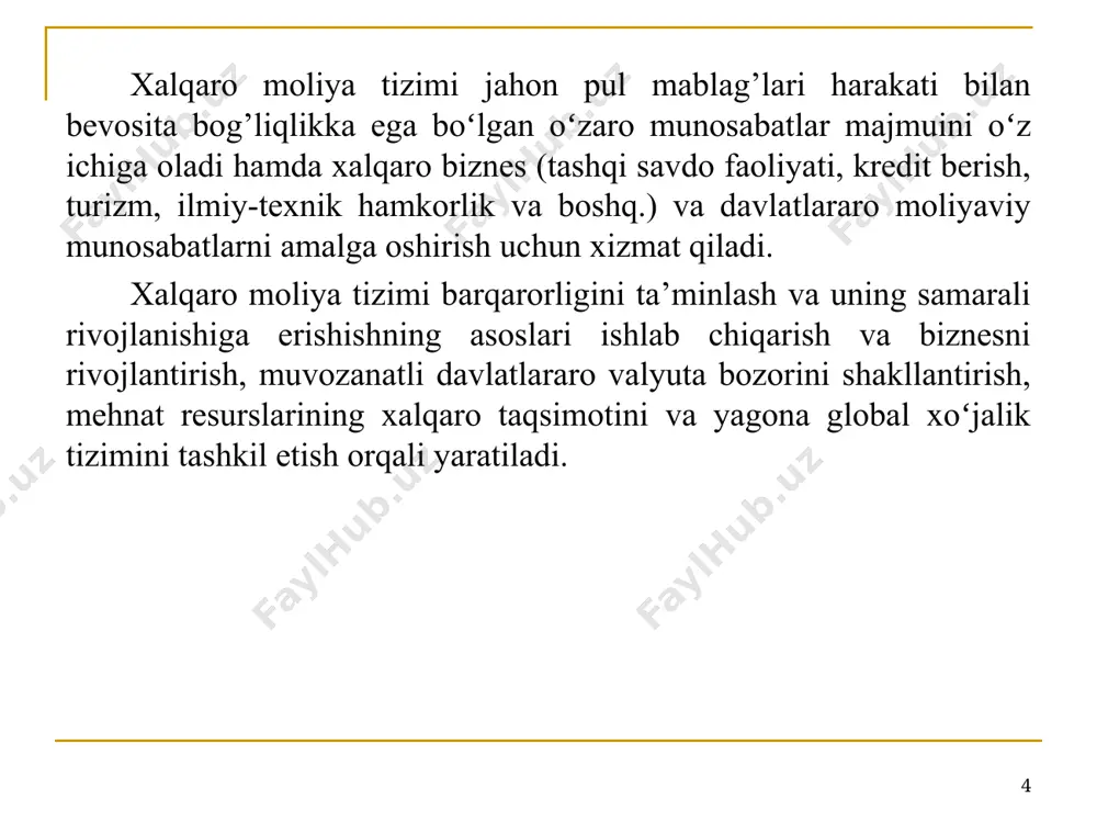 i yetakchi mamlakatlar investorlari aktivlarining xalqaro diversifikatsiyalashuv darajasining sekinlashishi; moliyaviy globallashuvning yuzaga kelishi va kuchayishi; xalqaro bozorning valyuta bozori bilan birlashishi. * xalqaro moliya tizimini isloh qilish yoʻnalishlari xalqaro moliya tizimini isloh qilishning asosiy sabablari qatorida quyidagilarni ajratib koʻrsatish mumkin: xalqaro tashkilotlarning rivojlanayotgan mamlakatlarga moliyaviy yordam berish imkoniyati xususiy kapital oqimining hajmiga nisbatan cheklanganligi; xalqaro tashkilotlarning inqirozlarni oldini olish, ularga qarshi kurashish, takrorlanishiga yoʻl qoʻymaslik va ularning tarqalish sohalarini cheklashga qodir emasligi; moliyaviy va valyuta inqirozlarining takrorlanish va ta’sir etish koʻlamining kengayishi; moliyaviy bozorlardagi, ayniqsa, qarz majburiyatlari bozoridagi operatsiyalar hajmining oʻsishi hamda xalqaro moliya bozorining yuqori darajada rivojlanishi oʻrtasida keskin farqlanish hamda uni tartibga solish uchun tegishli institutsional tuzilmaning yoʻqligi. * xalqaro moliya tizimini isloh qilish jarayoni tuzilmaviy muammolarni bartaraf etish, ayniqsa, moliya tizimining barqarorligini ta’minlash masalasini hal qilish bilan birga amalga oshiriladi. ushbu bosqichda moliya tizimini mustahkamlash jarayonida quyidagi chora-tadbirlar namoyon bo’ladi: iqtisodiy ma’lumotlarning ommaviy ravishda oshkor etilishi uchun …