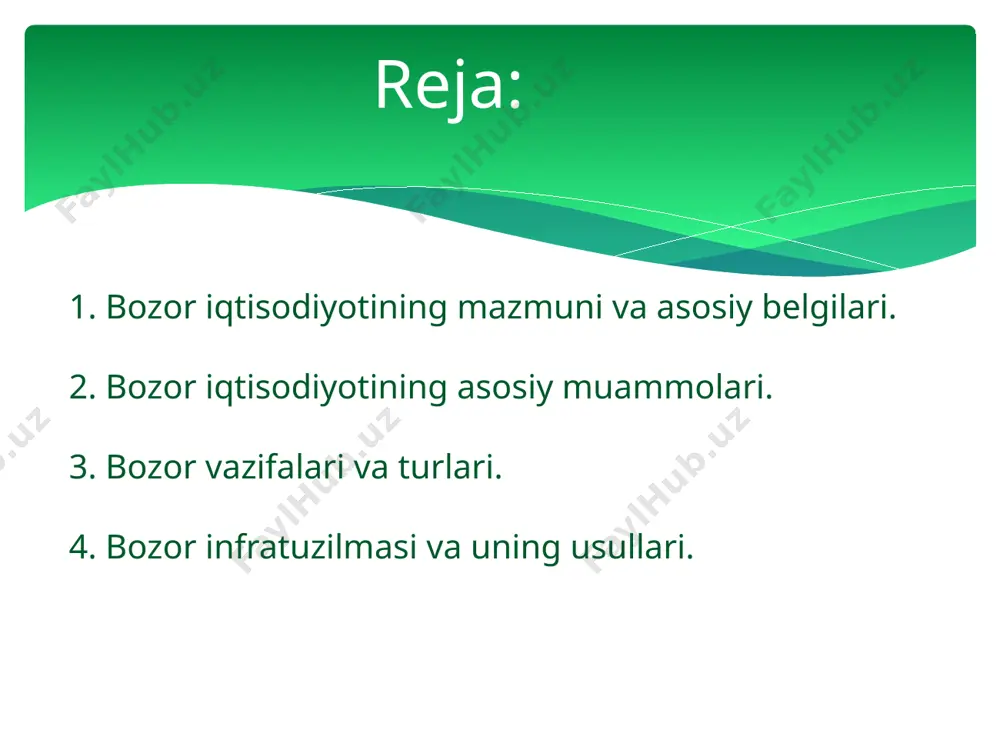 n miqdorda ishlab chiqari-ladi. 4.kim uchun ishlab chiqarish zarur ? aholining alohida tabaqalari(yuqori, o`rta va kam ta`minlanganlar) talabini hisobga olib ishlab chiqarish tashlik qilinadi. muammolar yechimlar kamchiliklari: raqobatning kuchsizlanishiga yo`l qo`yadi (korxonalarning qo`shilib ketishi, monopol tizimlarning vujudga kelishi) ijtimoiy iste`mol xarakteridagi tovarlar bilan ta`minlash layoqatiga ega emas. daromadlar tengsizligining kuchayishiga va aholining mulkiy tabaqalanishiga olib keladi. tovarlar hajmi va pul massasi o`rtasidagi ro`y berib turadigan nomuvofiqliklarni bartaraf eta olmaydi. ish haqi bilan narxlar darajasi muqobilligini ta`minlay olmaydi. afzalliklari resurslarni samarali taqsimlaydi. erkinlikni ta`minlaydi. iqtisodiy faollikni rag`batlantiradi. bozor – bu ishlab chiqaruvchi (sotuvchi) bilan iste`molchi (xaridor) ni bir –biri bog`laydigan, ayriboshlash jarayonida xizmat qiladigan tartiblar, mexanizmlar va muassasaviy tuzilmalardir. bozor vazifalari ishlab chiqaruvchi, resurs egalari va iste`molchilarni bog`lash asosida tovarlar, xizmatlar hamda iqtisodiy resurslarning ayriboshlanishi ta`minlash. ishlab chiqarishning uzluksiz takrorlanib turishiga yordam berish. iqtisodiy resurslarni tarmoqlar, sohalar va korxonalar o`rtasida taqsimlash hamda qayta taqsimlash. iqtisodiyotni tartibga solib turish. 3. bozor vazifalari …