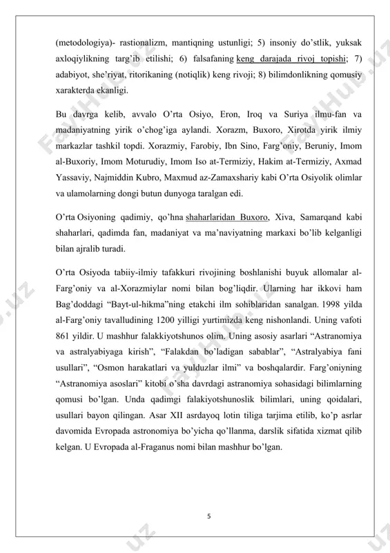 alan, “aristotelning “metafizika” asariga izoh”, “aristotelning “osmon sistemasi” kitobiga izoh”, “aristotelning “etika” kitobiga sharh”, “substanstiya haqida so’z”, “masalalar manbai”, “qonunlar haqida kitob”, “bo’shlik haqida kitob”, “musiqa haqida so’z”, “fozil odamlar shahri” va boshqalarni ko’rsatish mumkin. farobiyning fikricha insonning va jamoatning g’alabaga erishuvi, yaxshilikni qo’lga kiritishi, axloqiy va aqliy mukammallikka ko’tarilishi inson va jamoaning o’z qo’lidadir. u davlatni fozil va johil davlatlarga bo’ladi. fazilatli shaharlarda ilm-fan, falsafa, axloq-ma’rifat birinchi o’rinda bo’lmog’i lozim deb biladi. shunda jamiyat etuklikka erishadi. fozil shahar boshlig’i bilimli, haqiqatni sevuvchi, yolg’on va yolg’onchilarga nafrat bilan qarashi, adolatni yaxshi ko’ruvchi va adolat uchun kurashuvchi bo’lishi kerak deb aytadi. farobiy insonni kamoloti uchun xizmat qilgan, hayr-ehsonli ishlar, go’zal insoniy fazilatlarni yaxshilik deb hisoblaydi. insonning kamolotiga to’sqinlik qiluvchi dangasalik, bekorchilik kabi yomon odatlar, bilimsizlik, ongsizlik, kasb-hunarga ega bo’lmaslik kabi nuqsonlarni yomonlik deb, kishilarni undan ogohlantiradi. farobiy hayotning oliy maqsadi baxt-saodatga erishuvdan iborat, kishilar bunga olamni o’rganish, kasb-hunar va ilmlarni o’zlashtirish …