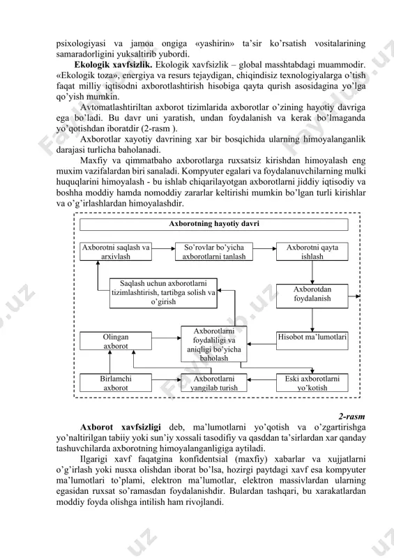 i shakllantirish va uning asosida jahon yagona axborot maydoniga kirib borish natijasida milliy iqtisodimizga turli xildagi zararlar keltirish xavfi paydo bo’lmoqda. mudofaa xavfsizligi. mudofaa sohasida xavfsizlikning asosiy ob’ektlaridan bo’lib, mamlakatning mudofaa potentsialining axborot tarkibi va axborot resurslari hisoblanmoqda. xozirgi kunda barcha zamonaviy qurollar va harbiy texnikalar juda ham kompyuterlashtirilib yuborildi. shuning uchun xam ularga axborot qurollarini qo’llash ehtimoli katta. ijtimoiy xavfsizlik. zamonaviy axborot – kommunikatsiyalar texnologiyalarining milliy iqtisod barcha tarmoqlarida keng qo’llanishi inson psixologiyasi va jamoa ongiga «yashirin» ta’sir ko’rsatish vositalarining samaradorligini yuksaltirib yubordi. ekologik xavfsizlik. ekologik xavfsizlik – global masshtabdagi muammodir. «ekologik toza», energiya va resurs tejaydigan, chiqindisiz texnologiyalarga o’tish faqat milliy iqtisodni axborotlashtirish hisobiga qayta qurish asosidagina yo’lga qo’yish mumkin. avtomatlashtiriltan axborot tizimlarida axborotlar o’zining hayotiy davriga ega bo’ladi. bu davr uni yaratish, undan foydalanish va kerak bo’lmaganda yo’qotishdan iboratdir (2-rasm ). axborotlar xayotiy davrining xar bir bosqichida ularning himoyalanganlik darajasi turlicha baholanadi. maxfiy va qimmatbaho axborotlarga ruxsatsiz …