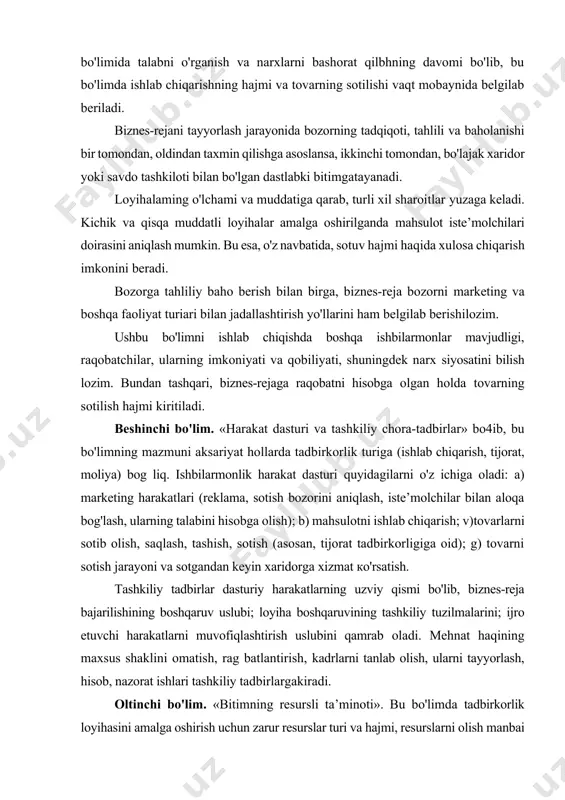 tashqari, ijtimoiy va ilmiy-texnikaviy samaradorlik (yangi ilmiy natijalarni qo'lga kiritish) ham hisobga olinadi. ushbu bo'limda ishbilarmonlik faoliyatining uzoq muddatli faoliyatini tahlil qilishmaqsadgamuvofiqdir. loyihalarni asoslash jahon amaliyotida mablag laming qo'yilishi haqidagi qarorni tayyorlashda bir necha umumiy ko'rsatkichlar qo'llaniladi.ularquyidagilardaniborat: -sofjoriyqiymat; -rentabellik; · samaradorlikning ichki koeffitsiyenti; · kapital qo'yilmalaming qaytarilish davri; -pulningmaksimalsarf-xarajati; -zararsizlikme’yorlari. sof joriy qiymat ba’zida iqtisodiy integral samara deb ham ataladi. loyihani amalga oshirish vaqtida mahsulot sotishdan olingan umumiy daromaddan shu vaqt davrida ketgan barcha sarf-xarajatlar ayirmasiga sof joriy qiymat deyiladi. rentabellik foydaning kapital qo'yilmalar yoki aksioner kapitaliga nisbati shaklida aniqlanadi. tadbirkor lik loyihasini amalga oshirishda rentabellik har bir yilga hisoblab chiqiladi. bu yerda soliqlar hisobga olinadi. integral samaradorlikni nolga tenglashtiruvchi rentabellikning dastlabki sath mazmuni samaradorlikning ichki koeffitsiyenti hisoblanadi. agar samaradorlikning ichki koeffitsiyenti dastlabki sath mazmunidan past bo'lmasajoyihasamarali hisoblanadi. kapital qoyilmalarning qaytarilish davri. bu ко rsatkich kapital qo'yilmalarning o'z-o'zini qoplash muddati sifatida amalda keng qo'haniladi. bu davrda funksional-ma’muriy zararlar hisobdan chiqarilgandan …