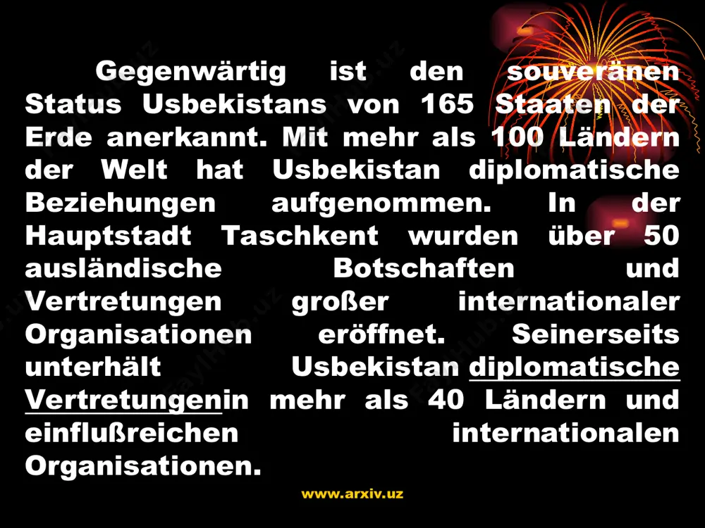 en prozess der ausarbeitung eines vertragsentwurfs über eine kernwaffenfreie zone in zentralasien unterstützung gefunden und den status eines amtlichen un-dokuments auf der im mai 2000 in new york stattgefundenen konferenz zur beratung der wirkungsweise des vertrages über die nichtweiterverbreitung von kernwaffen erhalten hat. www.arxiv.uz www.arxiv.uz zu den wichtigsten aufgaben im bereich der außenpolitik usbekistans gehört die lösung des afghanischen problems, das seinerseits die ursache für die beibehaltung der bedrohung und für die vergrößerung der dimensionen der verbreitung solcher gefährlichen erscheinungen wie internationaler terrorismus, drogengeschäft und illegaler waffenhandel nicht nur auf die gesamte region, sondern auch in globaler hinsicht ist. www.arxiv.uz www.arxiv.uz die republik usbekistan tritt in der vordersten reihe der bekämpfung des internationalen terrorismus auf. usbekistan hat insbesondere als eines der ersten länder der welt nach den ereignissen des 11. september die usa in deren kampf gegen die kräfte des internationalen terrorismus unterstützt. www.arxiv.uz www.arxiv.uz