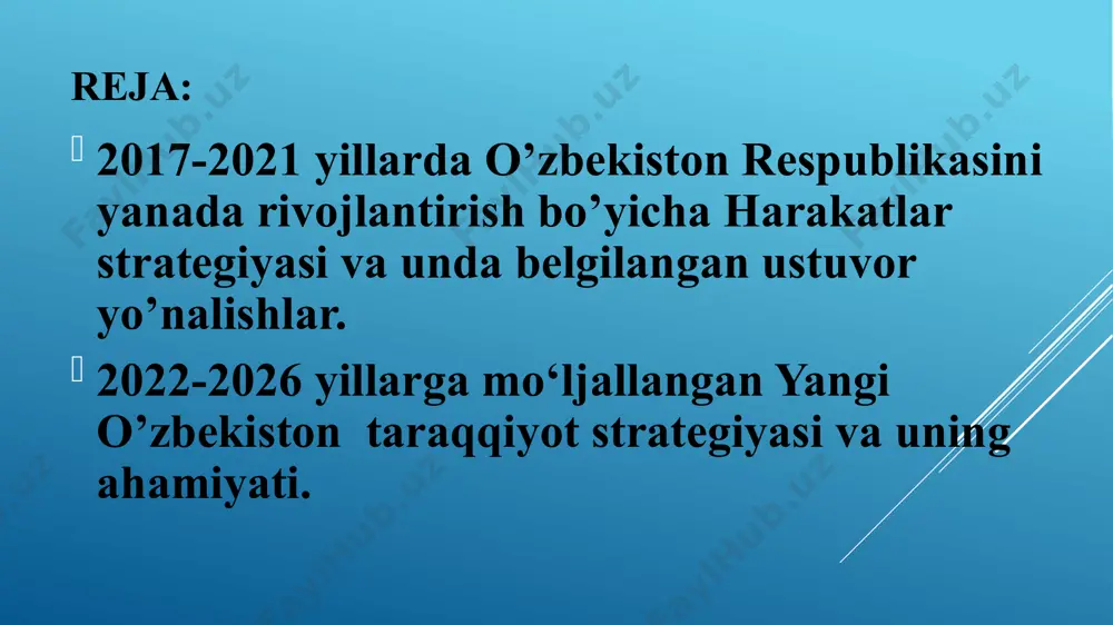 ubdan o‘zgarmoqda. “obod qishloq”, “obod mahalla” loyihalari asosida olib borilayotgan ishlar “inson manfaatlari barcha narsadan ustun” tamoyiliga amal qilingan holda aholiga yanada qulaylik yaratish, turmush sharoitini yaxshilash maqsadida amaliy ishlar olib borilmoqda harakatlar strategiyasi ramzidagi ranglarnung ma’nolarini bilasizmi? davlat va jamiyatning hàð tomonlama va jadal rivojlanishi uchun shart-sharoitlar yaratish , 2017-2021 yillarda harakatlar strategiyasi maqsad mamlakatimizda amalga oshirilgan islohotlar samarasini yanada oshirish . mamlakatimizni modernizatsiya qilish va barcha iqtisodiyot sohalarini liberallashtirish bo‘yicha ustuvor yo‘nalishlarni amalga oshirish 2017-2021 yillarda harakatlar strategiyasi ijtimoiy sohani rivojlantirish davlat va jamiyat qurilishi tizimini takomillashtirish qonun ustuvorligini ta’minlash va sud-huquq tizimini yanada isloh qilish iqtisodiyotni rivojlantirish va erkinlashtirish xavfsizlik , diniy bag’rikenglik va millatlararo totuvlik, o’zaro manfaatli va amaliy tashqi siyosat i ii iii iv v davlat va jamiyat qurilishi tizimini takomillashtirish 1.1. demokratik islohotlarni chuqurlashtirish va mamlakatni modernizatsiya qilishda oliy majlis, siyosiy partiyalarning rolini yanada kuchaytirish. 1.2. davlat boshqaruvi tizimini isloh qilish 1.3. jamoatchilik boshqaruvi …