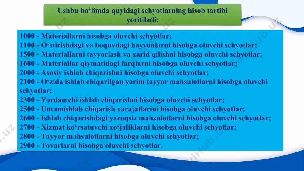 ' va xo‘jalik jihozlari tarkibida hisobga olinishi uchun qiymatining past chegarasini belgilash huquqiga ega. 1080 "inventar' va xo‘jalik jihozlari" schyotida korxonaning aylanma mablag‘lari tarkibiga kiradigan inventarlar, asboblar, xo‘jalik jihozlari va boshqa mehnat vositalarining (kam baholi va tez eskiruvchi buyumlar) mavjudligi va harakati hisobga olinadi. * xo‘jalik muomalalari т/р xo‘jalik muomalalarining mazmuni schyotlarning bog‘lanishi дт кт 1 mol yetkazib beruvchilardan materiallar olindi 1010-1090 6010 2 asosiy vositalarni tugatish natijasida kelib tushgan materiallarning qiymati 1090 9210 3 ta'sischilardan ularning ulushi hisobidan turli xil materiallarning kelib tushishi 1010-1090 4610 4 ajratilgan bo‘linmalar, sho‘'ba va qaram xo‘jalik jamiyatlaridan mater kelib tushishi 1010-1090 6110, 6120 5 boshqa shaxslardan materiallarning tekinga olinishi 1010-1090 8530 * xo‘jalik muomalalari 1 asosiy, yordamchi ishlab chiqarish, xizmat ko‘rsatuvchi xo‘jaliklarga materiallarning chiqarilishi 2010, 2310, 2510, 2710 1010-1090 2 ma'muriy ehtiyojlar uchun materiallarning berilishi 9420 1010-1090 3 yaroqsiz mahsulotni tuzatish uchun materiallarning sarflanishi 2610 1010-1090 4 mahsulotlarni sotish uchun idishlarning sarflanishi 9410 …