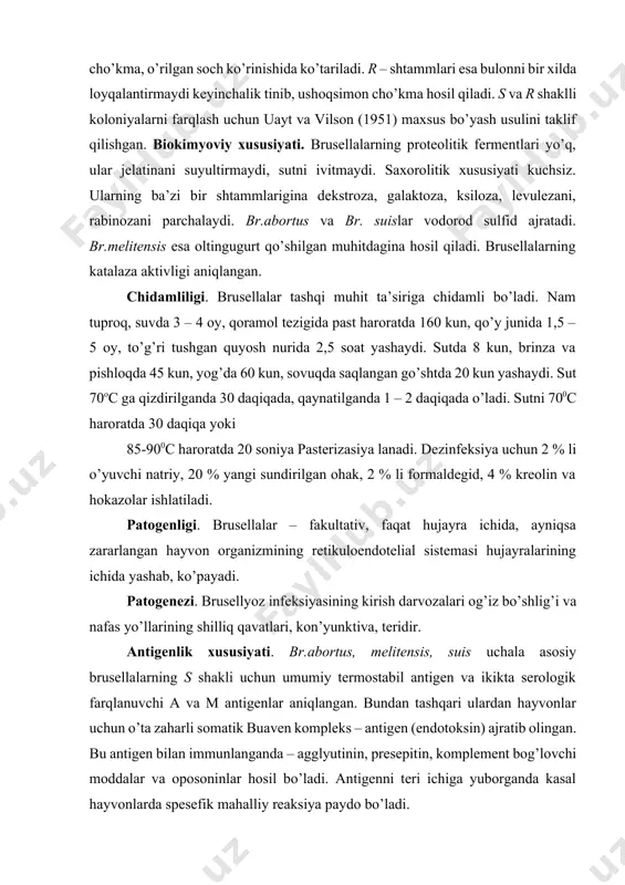 oz infeksiyasining kirish darvozalari og’iz bo’shlig’i va nafas yo’llarining shilliq qavatlari, kon’yunktiva, teridir. antigenlik xususiyati. br.abortus, melitensis, suis uchala asosiy brusellalarning s shakli uchun umumiy termostabil antigen va ikikta serologik farqlanuvchi a va m antigenlar aniqlangan. bundan tashqari ulardan hayvonlar uchun o’ta zaharli somatik buaven kompleks – antigen (endotoksin) ajratib olingan. bu antigen bilan immunlanganda – agglyutinin, presepitin, komplement bog’lovchi moddalar va oposoninlar hosil bo’ladi. antigenni teri ichiga yuborganda kasal hayvonlarda spesefik mahalliy reaksiya paydo bo’ladi. immunitet kasallanib, tuzalgan hayvonlarda paydo bo’ladi. u infeksion – nosteril va infeksiyadan keyingi steril bo’lishi mumkin. u organizmda qo’zg’atuvchining qancha vaqt saqlanishiga bog’liq. diagnozi.brusellyoz bilan kasallangan hayvonlarni o’z vaqtida aniqlash, bunday xavfli kasallikni yo’q qilishda juda muhim ahamiyatga ega. brusellyozga diagnoz qo’yish materialni laboratoriyada tekshirish (bakteriologik va serologik) hamda hayvonlarni xo’jaliklarda allergik tekshirishdan iborat. rejali serologik va allergik tekshirishlar kasal va kasallikka gumon qilingan hayvonlarni aniqlashning asosiy usullari hisoblanadi. tirik hayvonlardan laboratoriyaga tekshirish uchun …