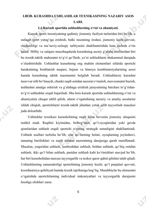 ini beradi. raqibning kiyimi yoki gavda qismlaridan to‘g‘ri ushlash orqali sportchi uning muvozanatini buzishi, harakatini cheklashi va tashlash uchun qulay sharoit yaratishi mumkin. ikkinchidan, ushlash sportchining himoya harakatlarini samarali tashkil etishiga yordam beradi. masalan, raqib tashlashga uringanda, to‘g‘ri ushlashni qo‘llagan sportchi hujumni neytrallashi va qarshi hujum uchun imkoniyat topishi mumkin. uchinchidan, ushlash sportchining taktik fikrlashini rivojlantiradi. har bir ushlash sportchidan tezkor qaror qabul qilishni, raqibning kuchli va zaif tomonlarini hisobga olishni talab qiladi. bu jarayon sportchining strategik tafakkurini kengaytiradi va uning musobaqalarda muvaffaqiyat qozonishiga yordam beradi. ushlash texnikasini o‘rganish jarayoni murakkab va bosqichma-bosqich amalga oshiriladi. dastlab sportchilarga oddiy va asosiy ushlashlar ko‘rsatiladi, bunda qo‘l va panjalarni to‘g‘ri joylashtirish, raqib kiyimidan mahkam ushlash, barmoqlarni charchatmasdan kuchni to‘g‘ri taqsimlash kabi elementlarga e’tibor qaratiladi. keyingi bosqichda murakkabroq ushlashlar, ya’ni ikki qo‘l bilan kombinatsiyalangan yoki oyoq harakati bilan birgalikda bajariladigan ushlashlar mashq qildiriladi. mashg‘ulotlarda ushlashlarni o‘rgatishda xavfsizlik qoidalariga qat’iy rioya qilinadi, chunki noto‘g‘ri bajarilgan …