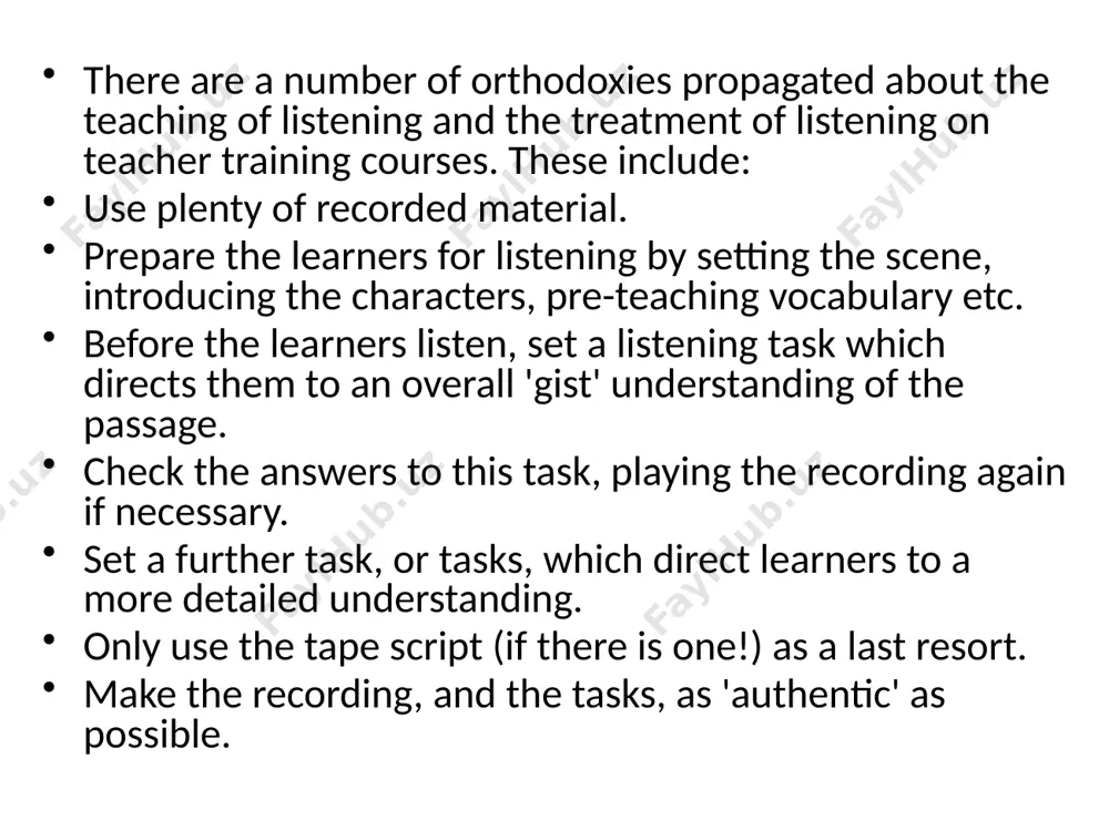 live instructions to make a simple fish origami pre-taught vocabulary: none 3. listen & respond topic: fruit & veg, food functions: understanding requests aims: developing transactional/top-down listening skills in the context of shopping learning quantifiers e.g. some, a lot of, and measures e.g. kilo, a dozen activity: listen to a customer (teacher) who recorded a message (video/audio) for the greengrocer (learners) asking to do the shopping for her and collect the items from the shelves (rows of desks in the classroom) sample: ‘hello there! i’m very ill today. sorry, i can’t do my shopping. can you please help? can i have two kilos oranges, please? then, i need some onions and a dozen eggs, please!’ pre-taught vocabulary: kilo/pound; half a kilo; a dozen follow-up activity: learners make their shopping lists in turn and get partners to do the shopping resources: realia, toy fruit & veg 4. listen & guess topic: …