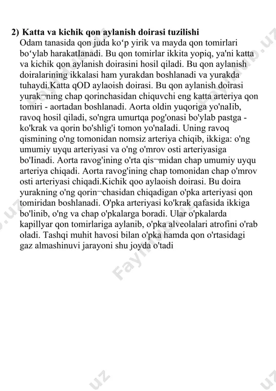 asi. bu qon aylanish doirasi yurak¬ning chap qorinchasidan chiquvchi eng katta arteriya qon tomiri - aortadan boshlanadi. aorta oldin yuqoriga yo'naiib, ravoq hosil qiladi, so'ngra umurtqa pog'onasi bo'ylab pastga - ko'krak va qorin bo'shlig'i tomon yo'naiadi. uning ravoq qismining o'ng tomonidan nomsiz arteriya chiqib, ikkiga: o'ng umumiy uyqu arteriyasi va o'ng o'mrov osti arteriyasiga bo'iinadi. aorta ravog'ining o'rta qis¬midan chap umumiy uyqu arteriya chiqadi. aorta ravog'ining chap tomonidan chap o'mrov osti arteriyasi chiqadi.kichik qoo aylaoish doirasi. bu doira yurakning o'ng qorin¬chasidan chiqadigan o'pka arteriyasi qon tomiridan boshlanadi. o'pka arteriyasi ko'krak qafasida ikkiga bo'linib, o'ng va chap o'pkalarga boradi. ular o'pkalarda kapillyar qon tomirlariga aylanib, o'pka alveolalari atrofini o'rab oladi. tashqi muhit havosi bilan o'pka hamda qon o'rtasidagi gaz almashinuvi jarayoni shu joyda o'tadi 3.yurak qon tomir kasalliklari profilaktikasi xafaqonlik kasalligi yurak-tomirlar, endokrin tizimi, buyrak va siydik chiqaruv yo'llaridagi organik o'zgarishlarga bog'liq bo'lmagan holda arterial qon bosimining uzoq vaqt birlamchi ko'tarilib …