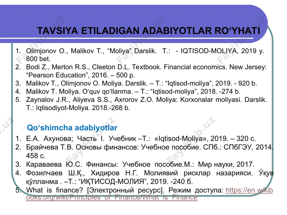 ун шароитларни таъминлаш ҳамда давлатнинг функциялари ва вазифаларини бажариш мақсадида марказлаштирилган ва марказлаштирилмаган пул маблағлари фондларини шакллантириш, тақсимлаш ва фойдаланиш билан боғлиқ бўлган иқтисодий муносабатларга молия дейилади. молиянинг ўзига хос белгилари пул маблағларини ҳаракатининг, одатда, бир томонлама йўналишга эга эканлиги марказлашган ва марказлашмаган пул фондларини яратиш муносабатларнинг давлат томонидан тартибга солиниши реал пуллар ҳаракатига боғлиқ бўлган, хуқуқий нормалар ёки бизнесни юритиш этикасига асосланган муносабатларнинг тақсимлаш характердалиги марказлашган ва марказлашмаган пул фондлари давлат ва маҳаллий ўз-ўзини бошқариш органлари даражасида тузиладиган пул маблағлари фондлари хўжалик субъектлари даражасида тузилган пул фондлари молия нима учун керак? мдни тақсимлаш учун мд шаклланишида асос вазифаси ишлаб чиқариш, тақсимлаш, истеъмолга таъсир этади. замонавий иқтисодиёт фаолияти учун ишлаб чиқариш кучларининг макроиқтисодий даражада иштирокини таъминлаш учун иқтисодий ҳолатдан маълумот олиш мамлакат молиявий ресурсларини ташкил қилади молиявий сиёсатга боғлиқ бўлади молия бу - … пул муносабатларининг ажралмас қисми пул муносабатларининг қай ўринда эканлигини кўрсатади. пулдан ўзининг мазмуни ва бажарадиган функциясига …