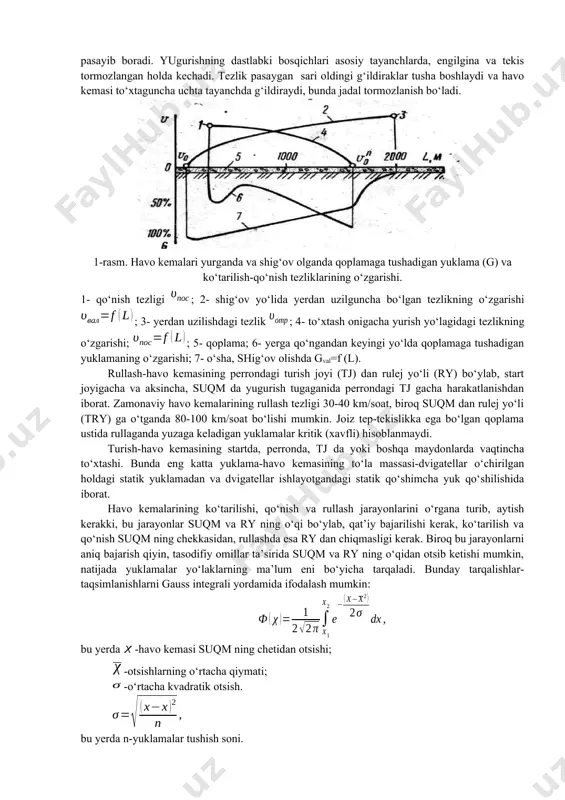 qoplama yuzasidan uziladi, keyin havo kemasi to‘la ko‘tarilgunicha asosiy (yon) tayanchlarda sildiraydi. shig‘ov paytida havo kemasining harakatini tortish kuchi ta’minlaydi; u havoning qarshiligini va g‘ildiraklar qoplama ustida tebrangandagi ishqalanish kuchlarini yengib o‘tadi. tortish kuchi bilan qarshilik kuchlarining ayirmasi havo kemasi tezlanish bilan harakatlanishini ta’minlaydi; shig‘ov oshgan sari ko‘taruvchi kuch oshib, qoplamaning qarshiligi kamaya boradi. demak, shig‘ovda qoplamaga tushadigan yuklama eng katta qiymat (boshlanayotgandagi turish otsirligi) dan no‘lgacha (havo kemasi qoplamadan uzilganda) o‘zgaradi. eng katta qiymati shig‘ov boshlanganda, dvigatel ishga tushib, tayanchlar titraganda va notekis yuzada 30-50 km/soat tezlik bilan yurganda birmuncha ortishi mumkin. qo‘nish jarayonining bosqichlari; pasayish (planirovanie), to‘g‘rilanish, yugurish. yyerga tegish (qo‘nish), ya’ni qoplamaga urinish onida havo kemasi qo‘nish tezligi- bilan yugura boshlaydi (1-rasm) va bu tezlik no‘l qiymatigacha yoki rulej yo‘lagiga o‘tish qiymatigacha pasayib boradi. yugurishning dastlabki bosqichlari asosiy tayanchlarda, engilgina va tekis tormozlangan holda kechadi. tezlik pasaygan sari oldingi g‘ildiraklar tusha boshlaydi va havo kemasi to‘xtaguncha uchta …