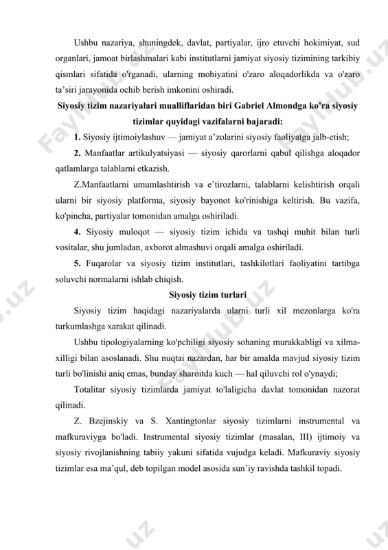 afkuraviy siyosiy tizimlar esa ma’qul, deb topilgan model asosida sun’iy ravishda tashkil topadi. hokimiyat, jamiyat va shaxs munosabatlari tabiati va usullariga ko'ra totalitar, avtoritar va demokratik siyosiy tizimlar ajratib ko'rsatiladi. siyosiy tizimlarning ushbu ko'rinishiga zamonaviy siyosiy nazariyada alohida diqqat qaratiladi. shuning uchun keyingi paragraflarda ularga batafsil to'xtab o'tamiz. totalitarizm totalitarizm - (lot. totalita.) — to'liq, butunlik, g'oyalar, fikrlar, nuqtai-nazar sifatida juda qadimiy ildizlarga ega. miloddan avvalgi v asrda geraklit donolik va mukammal bilim asosida barcha narsalarni boshqarish mumkin, deb hisoblagan. aflotun, t.mor, t.kampanella, g.babef. sen - simon, j.j. russo davlatning aynan totalitar modellarini ishlab chiqishgan. keyingi mualliflardan fixte, gegel, marks, nitshe, lenin, sorel, zombart asarlarida bu g'oyalar rivojlantirilganini ko'ramiz. totalitarizm tushunchasi xx asr boshlarida k.shmitt asarlarida, huquqiy davlat paradigmasini tanqidiy qayta ko'rib chiqish munosabati bilan, nazariy asoslab berilgan. 20 — yillarning oxirida tushuncha italiyadagi real siyosiy tartibotni baholash uchun djovani amendola va perro gobbeti tomonidan ko'llandi. ularning maqsadi totalitarizmning despotizm, …