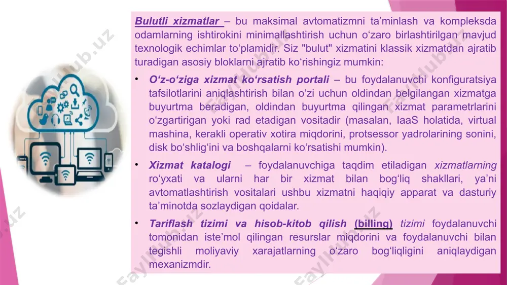 i va axborot saqlovchilarni resurslar fondi shaklida sifatida aniqlashtiradi,birlashtiradi va bir xil resurslarni o‘z ichiga olgan, ammo mavhum shaklda birlashtirilgan resurs qatlamini yaratish imkonini beradi. ular foydalanuvchiga va bulut tizimlarining yuqori qatlam yuqori qatlamlariga virtual serverlar, klasterlar, fayl tizimi va ma’lumotlar bazalarni boshqarish tizimlar (mbbt) sifatida taqdim etilishi mumkin. majburiy bulutli hisoblash xususiyatlari talabga binoan o‘z - o‘ziga xizmatko‘rsatish - iste’molchi server vaqtni, ma’lumotlarni olish va qayta ishlov berish tezligini, saqlanadigan ma’lumotlar miqdorini xizmat ko‘rsatuvchi provayder vakili bilan aloqada bo‘lmagan holda mustaqil ravishda belgilaydi va o‘zgartiradi; tarmoq orqali universal kirish – xizmatlardan foydalaniladigan terminal qurilmasidan qat’iy nazar, ma’lumotlar tarmog‘i orqali iste’molchilar foydalanishlari mumkin; resurslarni birlashtirish – xizmat ko‘rsatuvchi provayderlarning ko‘plariga xizmat ko‘rsatish uchun iste’molchilar o‘rtasida quvvatlarni dinamik ravishda qayta ishash maqsadida resurslarniyagona pulga (pool) birlashtiradi; elastiklik – xizmatlar istalgan vaqtda taqdim etilishi, kengaytirilishi, torayishi, yetkazib beruvchi bilan o‘zaro aloqada bo‘lmagan holda, qo‘shimcha xarajatlarsiz avtomatik rejimda taqdim etilishi mumkin; iste’molhisobi – …