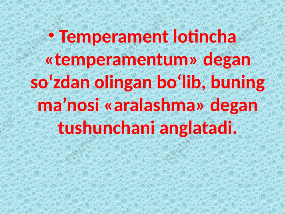 psixik reaksiyani hosil qilish uchun zarur bo’lgan o’ta kuchsiz tashqi taassurot kuchiga qarab mulohaza yuritiladi, jumladan, sezgilarning paydo bo’lishi uchun kerak qo’zg’ovchining ozgina kuchi (ularning quyi chegarasi), ehtiyojlar qondirilmasligining sezilar-sezilmas darajasi (shaxsga ruhiy azob beruvchi) mujassamlashadi. 2.reaktivlik. bu to’g’rida aynan bir xil kuch bilan ta'sir etuvchi tashqi va ichki taassurotlarga shaxs qanday kuch bilan emosional reaksiya qilishiga qarab munosabat bildiriladi. reaktivlikning yorqin ro’yobga chiqishi-emosionallik, ta'sirlanuvchanlikda ifodalanishidir. 3.faollik. bu borada inson qanday faollik darajasi bilan tashqi olamga ta'sir etishi va maqsadlarni amalga oshirishda ob'ektiv hamda sub'ektiv qarama-qarshiliklarni faollik bilan engishga qarab fikr yuritiladi. 4.reaktivlik bilan faollikning o’zaro munosabati. odamning faoliyati ko’p jihatdan nimaga bog’liqligiga binoan, chunonchi tasodifiy tarzdagi tashqi va ichki sharoitlarga (kayfiyatga, favquloddagi hodisalarga) yoki maqsadlarga, ezgu niyatlarga, xohish-intilishlariga ko’ra fikr bildirish nazarda tutiladi. 5.reaksiya tempi. turli xususiyatli psixik reaksiyalar va jarayonlarning kechish tezligiga, nutq sur'atiga, farosatliligiga, aql tezligiga asoslanib xulosa chiqariladi. 6.harakatlarning silliqligi va unga qarama-qarshi sifat rigidlik (qotib …