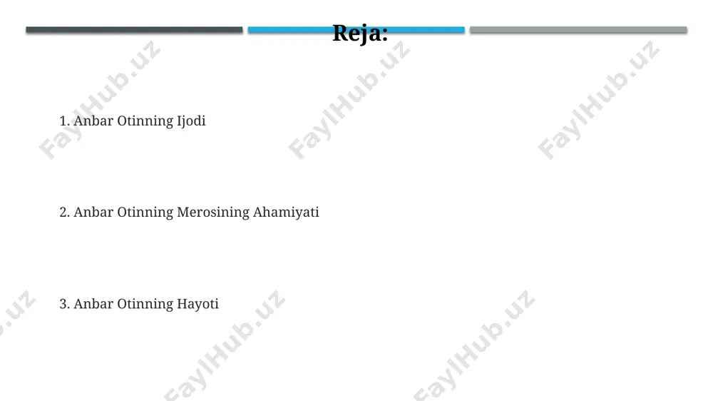 insoniy munosabatlar va ma'naviy qadriyatlarni tasvirlaydi. “romanlar va hikoyalar” toʻplamiga kirgan 5 dan ortiq qissa va roman samarqand viloyatining tabiat manzaralari va odamlarining turmush tarzi haqida hikoya qiladi. 1980-yillarning oxirida nashr etilgan “romanlar va hikoyalar” toʻplami anbar otinning ijodida muhim burilish nuqtasini, yangi adabiy uslublarni qoʻllashni aks ettiradi. she'riyat uslubi "sheʼriyat uslubi"da 3 ta asosiy mavzu – muhabbat, vatan va insoniyat taqdiri – aks ettirilgan boʻlib, bu mavzularda ijodiy obrazlar va 5 dan ortiq badiiy vositalar qoʻllanilgan. anbar otinning "sheʼriyat uslubi"da 20 dan ortiq sheʼrlarini topish mumkin boʻlib, ularning aksariyati 20-asrning 70-yillarida toshkentda yozilgan. uning sheʼriy uslubi lirikaga, falsafiy tafakkurga va 19-asr oxiri – 20-asr boshlarida yashagan shoirlarning anʼanalariga yaqin turgan. ijtimoiy-siyosiy faoliyati анбар отиннинг сиёсий фаолиятида, 2000-йилларнинг ўрталаридан бошлаб, ўзбекистоннинг демократик ривожланишига ёрдам беришга қаратилган 5 тадан ортиқ лойиҳаларда иштироки ва уларни амалга оширишдаги муҳим роли муҳим аҳамиятга эга. 1990-йилларнинг бошларида анбар отин норасмий ёшлар ҳаракатига қўшилиб, мамлакатнинг турли …