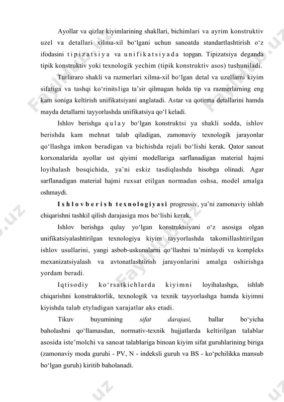va sanoat ko‘rsatkichlarini baholash yo‘llari tikuvchilik sanoatida jori etilgan standartlar va texnik shartlarda yoritilgan.