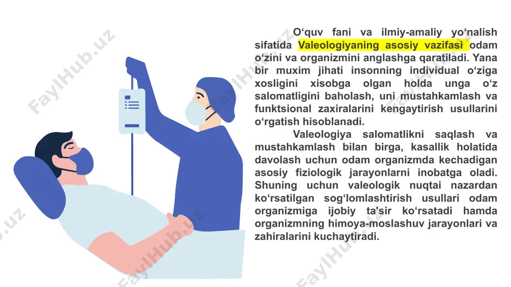 atlarini ilohiy, o’ta diniy tasavvurlar bilan bog‘lagan. tibbiyot tarixi - bu inson ongli faoliyatining xayot va salomatlikni saqlash borasidagi ko‘p asrlik tarixidir. zardushtiy diniy ta'limotining muqaddas kitobi "avesto" da (er.av. birinchi ming yillik) tibbiyot bu tanani sog’lom holatda saqlash san'atidir, deb aytib o‘tilgan. o‘sha davrdayoq shaxsiy va jamoat gigiyenasining qat’iy qoidalari belgilab berilgan. ichimlik suvi, yashash xonalari va aholi turar joylarining holatiga ayniqsa katta e'tibor qaratilib, o‘sha paytdayoq profilaktika elementlari va asoslari yaratilgan. rivojlanish bosqichlarida insoniyat ijtimoiy guruh sifatida belgilangan va inson faoliyati jismoniy ish nuqtai nazaridan tahlil qilingan, bu qadim zamonlarda inson hayotini saqlab qolishning asosi bo‘lib xizmat qilgan. davolash tibbiyoti ilmiy fan sifatida taraqqiy topmagan davrlarda asosan organizmning ichki imkoniyatlariga katta e'tibor qaratilgan va bu tizimli xarakterga ega bo‘lgan. xitoyda "kong-fu" (2600 yil er. avval), hindistonda "ayurveda" (5000 yil avval paydo bo‘lgan va hayot xaqida bilimlar deb tarjima qilinadi) qo‘llanmalari sog’lomlashtirish dasturlaridan biri hisoblanadi. qadimgi rimning mashhur shifokorlaridan …