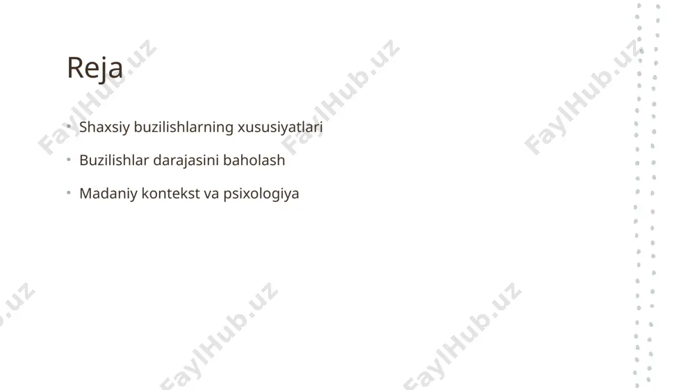 va ruhiy muammolarni kuchaytirishi mumkin. shaxsiy buzilishlar shaxsning ijtimoiy hayotini ham ta'sir qiladi. bunday shaxslar do'stlik, ish va oilaviy munosabatlarda qiyinchiliklarga duch kelishadi. buzilishlarning rivojlanishida genetik va atrof-muhit omillari. genetik omillar genetik omillar shaxsiy buzilishlar rivojlanishida muhim rol o'ynaydi. ota-onalardan olingan genlar, xususan, shaxsiyat va xulq-atvorni ta'sir qiladi. atrof-muhit ta'siri atrof-muhit shaxsiy buzilishlarning paydo bo'lishida muhim omil hisoblanadi. oilaviy muhit, ijtimoiy munosabatlar va madaniy kontekst ta'sir ko'rsatadi. ijtimoiy faktorlar ijtimoiy faktorlar, masalan, stress, iqtisodiy holat va ta'lim darajasi, shaxsiyat buzilishlariga hissa qo'shishi mumkin. bu omillar shaxsiy rivojlanishga ta'sir qiladi. o'zaro aloqalar o'zaro aloqalar, masalan, do'stlik va oilaviy munosabatlar, shaxsiy buzilishlarning rivojlanishida muhimdir. salbiy aloqalar psixologik salomatlikka zarar yetkazishi mumkin. shaxsiy buzilishlarni baholash: xususi va metodologiyalar. 1 shaxsiy baholash shaxsiy buzilishlarni baholash psixologik metodlar orqali amalga oshiriladi, bu esa bemorning o'zini anglash va muammolarini tushunishga yordam beradi. 2 diagnostik metodlar diagnostik metodlar orasida klinik intervyu, psixometrik testlar va kuzatuvlar mavjud, bular …