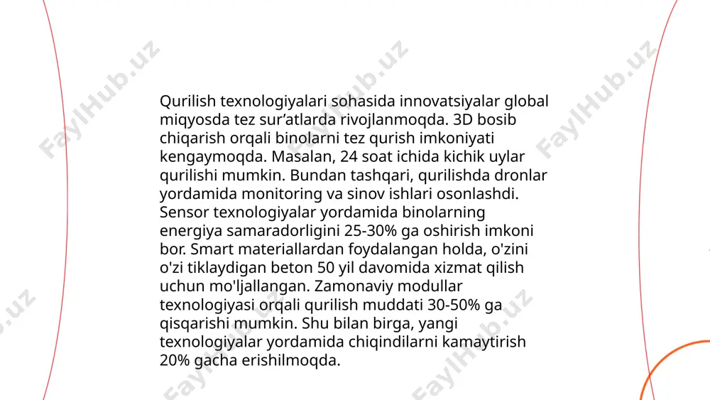 43 trillion so‘mni tashkil etdi. o‘zbekiston hukumati 2023 yilda umumiy qiymati 15 milliard aqsh dollariga teng bo‘lgan qurilish loyihalarini amalga oshirishni rejalashtirmoqda. xususiy sektor ishtiroki ham o‘sib bormoqda, 2021 yilda xususiy investitsiyalar umumiy investitsiyalarning 65 foizini tashkil qildi. qurilish sohasi aholiga qariyb 800 ming ish o‘rni taqdim etadi va yimning taxminan 6 foizini ta’minlaydi. kelgusida davlat-xususiy sheriklik asosida barqaror rivojlanishni ta’minlash maqsadida qo‘shimcha mexanizmlar joriy qilinmoqda. qurilish-milliy iqtisodiyotning muhim tarmog'i.. bajardi abdulatipov r e'tiboringiz uchun raxmat! image1.png image2.png image3.png image4.jfif image5.png image6.jfif image7.jpg /docprops/thumbnail.jpeg