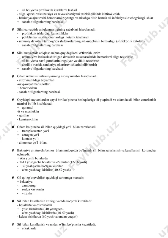 ajratuvchi bilan muloqotda bo‘ladiganlarga - tuberkulinga sezgirlik viraji bo‘lganlarga - sil bilan kasallanish xavfi yuqori bo‘lganlarga + sanab o‘tilganlarning barchasiga · sanitar-epidemiologik nazoratning vazifalari hisoblanadi: - sil bo‘yicha profilaktik kuriklarni tashkil - silga qarshi vaksinatsiya va revaksinatsiyani tashkil qilishda ishtirok etish - bakieriya ajratuvchi bemorlarni ruyxatga va hisobga olish hamda sil infeksiyasi o‘chog‘idagi ishlar + sanab o‘tilganlarning barchasi · silni uz vaqtida aniqlanmasligining sabablari hisoblanadi: - profilaktik ishlardagi kamchiliklar - poliklinika va statsionarlardagi notulik tekshirish - umumiy davolash tarmog‘ida shifokorlarning sil «niqobini» bilmasligi (shifokorlik xatolari) + sanab o‘tilganlarning barchasi · silni uz vaqtida aniqlash uchun quyidagilarni o‘tkazish lozim - umumiy va ixtisoslashtirilgan davolash muassasalarida bemorlarni silga tekshirish - sil bo‘yicha xavf guruhlarini regulyar va sifatli tekshirish - aholii o‘rtasida sanitariya okartiruv ishlarini olib borish + sanab o‘tilganlarning barchasi · odam uchun sil infeksiyasining asosiy manbai hisoblanadi: - atrof muhitdagi buyumlar -oziq-ovqat mahsulotlari + bemor odam - sanab o‘tilganlarning barchasi · …
