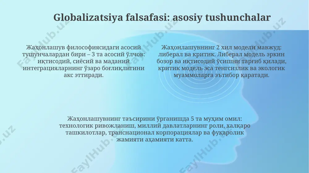 eltirib chiqaradi. madaniy globalizatsiya, axborot texnologiyalari vositasida, 2000-yillardan boshlab milliy madaniyatlarning o'zaro boyitilishi va bir-biriga ta'siri tezlashdi, bu esa ba'zi madaniy elementlarning yo'qolishi xavfini tug'diradi. globalizatsiyaning ijobiy va salbiy tomonlari barqaror rivojlanish kontekstida globalizatsiya milliy madaniyatlarning yo'qolishiga (madaniy xilma-xillikning 15% kamayishi) olib kelishi mumkin bo'lsa-da, texnologiyalar almashinuvi orqali ta'lim va sog'liqni saqlash sohalarida sezilarli yutuqlarga erishish imkoniyatini beradi. jahonlashuv tengsizlikni kuchaytiradi (gini koeffitsienti o'sishi), ammo xalqaro hamkorlik orqali kambag'allikni kamaytirish (mdblarning yordami bilan 10% ga kamayishi) va barqaror rivojlanish maqsadlariga erishish imkoniyatini yaratadi. jahonlashuvning iqtisodiy o'sishga (o'rtacha 2-3% ga) ijobiy ta'siri bilan birga, atrof-muhit ifloslanishi (co2 emissiyasi 50% ga oshishi) kabi salbiy ekologik oqibatlarni keltirib chiqarishi ham mumkin. kelajakdagi istiqbollar va tavsiyalar iqlim o'zgarishiga qarshi kurashda, kamida 70% bioxavfsizlik texnologiyalarini joriy etish va energiya samaradorligini 2 barobar oshirish orqali muvaffaqiyatga erishish mumkin. barqaror rivojlanish maqsadlariga erishish uchun, 2030 yilgacha kamida 5 ta yirik global tashabbusni qo'llab-quvvatlash va moliyaviy resurslarni 15% …