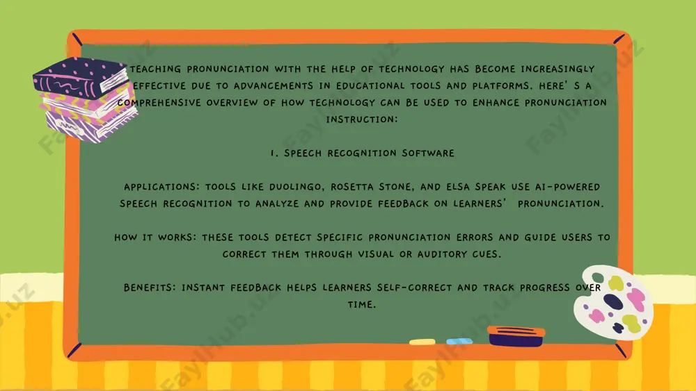 n access tools anytime, anywhere. personalization: tailored feedback helps address individual learning needs. cost-effectiveness: many tools are free or low-cost compared to traditional classes. engagement: interactive and multimedia-based tools make learning enjoyable. challenges overreliance on technology: learners might neglect human interaction, which is vital for natural language acquisition. accuracy: some tools may misinterpret accents or provide limited feedback. digital literacy: not all learners or teachers may be comfortable with advanced technologies. conclusion technology has revolutionized the way pronunciation is taught, making it more efficient, accessible, and personalized. by combining these tools with traditional teaching methods, educators can provide a holistic approach to pronunciation training.
