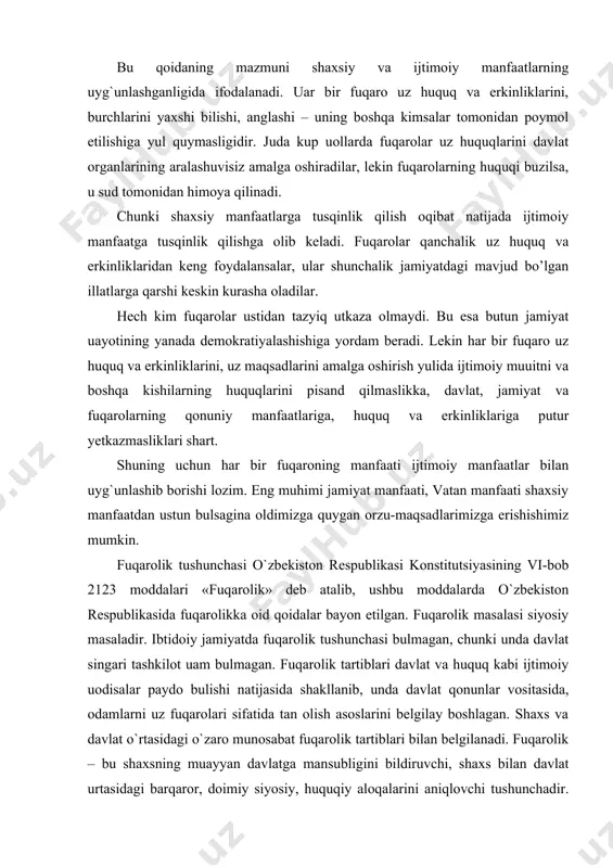 siy masaladir. ibtidoiy jamiyatda fuqarolik tushunchasi bulmagan, chunki unda davlat singari tashkilot uam bulmagan. fuqarolik tartiblari davlat va huquq kabi ijtimoiy uodisalar paydo bulishi natijasida shakllanib, unda davlat qonunlar vositasida, odamlarni uz fuqarolari sifatida tan olish asoslarini belgilay boshlagan. shaxs va davlat o`rtasidagi o`zaro munosabat fuqarolik tartiblari bilan belgilanadi. fuqarolik – bu shaxsning muayyan davlatga mansubligini bildiruvchi, shaxs bilan davlat urtasidagi barqaror, doimiy siyosiy, huquqiy aloqalarini aniqlovchi tushunchadir. bu aloqalar davlat va shaxsning uzaro huquq va burchlarini aniqlashda namoyon buladi. ya'ni, davlat shaxsni o`zining fuqarosi deb tan olar ekan, uni konstitutsiyada ko`rsatilgan fuqarolik huquqlari va burchlarini belgilaydi, uning huquqlari va erkinliklarini ushbu davlat ichida, hamda tashqarisida muxofaza qiladi. shaxs ham jamiyat va davlat oldidagi burchlarini bajarishga majbur. o`zbekiston respublikasi konstitutsiyasi asosida 1992 yil 2 iyulda «o`zbekiston respublikasining fuqaroligi to`g`risida»gi o`zbekiston respublikasining qonuni qabul qilingan. ushbu huquqiy hujjatlarda o`zbekistonda fuqarolik masalalari, insonning fuqarolikka ega bo`lishi asoslari, fuqarolikni tasdiqlovchi hujjatlar, o`zbekiston respublikasi …