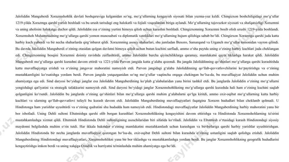 di singari ajdaho kurashchilarning merosi alohida ahamiyatga ega. u xorazmning mustaqilligi va xalqining ozodligini himoya qilish yo‘lida o‘zining mardligi, jasorati va dono siyosati bilan tarixda o‘chmas iz qoldirdi.jaloliddin manguberdining roli nafaqat o‘z davrida, balki bugungi kunda ham xalqimiz uchun muhim ahamiyatga ega. uning vatan ozodligi va xalqining himoyasi yo‘lida olib borgan kurashi, o‘zining beqiyos jasorati va o‘zgacha rahbarlik qobiliyati bilan xalqqa umid bag‘ishlagan. bugungi kunda manguberdining merosi o‘zbekiston xalqining milliy g‘ururini shakllantirishda, shuningdek, tarixiy va madaniy merosni saqlashda muhim o‘rin tutadi.jaloliddin manguberdining bu mavzudagi roli va uning xalq himoyasidagi ahamiyati, tarixiy ahamiyatga ega bo‘lgan bir qahramon sifatida xotirlanadi. shuningdek, uning yurtini himoya qilishdagi kurashi milliy birlashuv va ozodlikni saqlashda yangi avlodlar uchun ibrat bo‘lib qolmoqda. jaloliddin manguberdi xorazmshohlar sulolasining vakili bo‘lib, 13-asrning boshlarida xorazmda hukmronlik qilgan. xorazmshohlik o‘sha davrda katta siyosiy va iqtisodiy ahamiyatga ega edi, chunki bu hudud o‘rta osiyoning muhim ticarat yo‘llarida joylashgan va kuchli davlat edi. xorazmshoh …