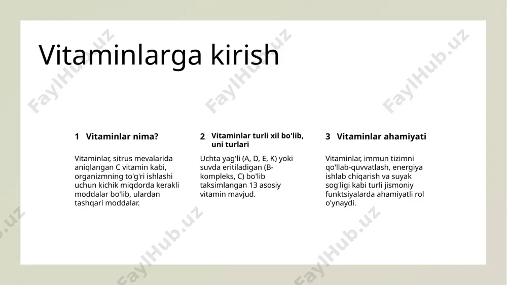 rning yetarlichasizligi sog'liqqa doir turli muammo'larga olib kelishi mumkin, shu jumladan, yomon suyak sog'ligi, ko'z ko'rishni buzilishi va kognitiv funktsiyalarning zarar ko'rishishi. profilaktika va davolash to'liq mevalar, sabzavotlar va bug'doy mahsulotlari bilan boy bog'liq ovqatlanish, vitamin qiyinchiliklarini oldini olishga yordam berishi mumkin, shuningdek, zarur bo'lganda, qo'shimcha preparatlar davolash uch vitamin a foydali xususiyatlari 1 ko'z ko'rinishi sağlig'i vitamin a, xususan kam yorug'lik holatlari bo'yicha yaxshi ko'z ko'rishni saqlash uchun zarur bo'lib, kechki ko'z yorug'ligini va quruq ko'zlarini oldini olishga yordam beradi. 2 imunitet tizimi qo'llab-quvvatlash vitamin a immun tizimni qo'llab-quvvatlashda ahamiyatli rol o'ynaydi, infektsiyalarga qarshi kurashish va umumiy sog'liqni saqlashga yordam beradi. 3 tana va qo'llar sog'lig'i vitamin a sog'lom teri va qoshilishning o'sishini ta'minlaydi, jismlar bo'ylab tuzilish va ta'mirlashda yordam beradi. vitamin b kompleksining ahamiyati urganchlikni ta'minlash uchun zarur vitamin b kompleksi ozi ichidagi vitaminlar ozi ichidagi ozi ichidagi ozi ichidagi ozi ichidagi ozi ichidagi ozi ichidagi ozi ichidagi …