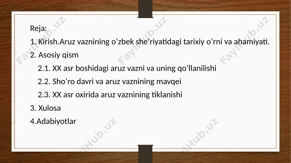 tini yo‘qotmay, adabiy meros sifatida avlodlarga yetib kelgan. aruz she’rlarining matn tuzilishi ularni og‘zaki va yozma shaklda saqlashni osonlashtirgan. 3. til va uslubni boyitish aruz vazni o‘zbek tilining badiiy imkoniyatlarini kengaytirgan. ayniqsa, turkiy so‘zlarning forscha va arabcha so‘zlar bilan uyg‘unlashuvi she’riyat tilini boyitgan. zamonaviy qarashlar hozirgi davrda aruz vazni o‘zbek she’riyatida nisbatan kam qo‘llanilayotgan bo‘lsa-da, uning ilmiy va amaliy ahamiyati saqlanib qolgan. zamonaviy shoirlar ko‘proq erkin vaznni tanlasalar-da, aruz texnikasi, uning badiiy imkoniyatlari hali ham ijodiy ilhom manbai sifatida qadrlanadi. xx asr boshida o‘zbek adabiyoti taraqqiyoti jarayonida aruz vazni o‘zining an’anaviy o‘rnini saqlab qolgan bo‘lsa-da, uning qo‘llanilishida yangi usullar va yondashuvlar shakllandi. bu davrda aruz vazni, bir tomondan, milliy she’riyatning klassik an’analari davomchiligi sifatida namoyon bo‘lgan bo‘lsa, boshqa tomondan, zamonaviy voqe’likka moslashgan yangi shakl va mazmunlar bilan boyitildi. aruz vaznining asosiy xususiyatlari. aruz — sharq she’riyatining o‘lchov tizimi bo‘lib, u bo‘g‘inlarning uzun-qisqaligi va ulardan hosil bo‘lgan baytlarning ohangdorligiga asoslanadi. xx …