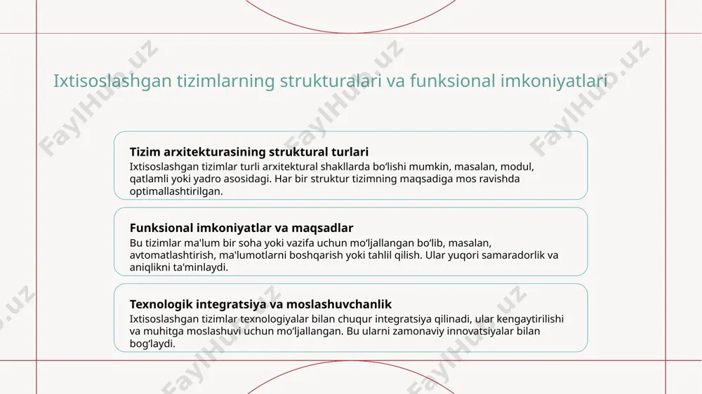 rsiteti. ixtisoslashgan tizimlar va ularning arxitekturasi. konferensiya materiali, 2018. 5. mustaqil, d. ixtisoslashgan tizimlar va ularning ilg'or texnologiyalari. o'zbekiston axborot texnologiyalari vazirligi nashriyoti, 2022. e'tiboringiz uchun rahmat! /docprops/thumbnail.jpeg