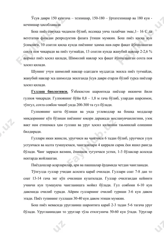 ғ беради. 1000 дона уруғининг массаси 2,5 – 4,0 грамм бўлиб, 1 кг да – 250-400 минг дона уруғ бўлади. бош пиёз уруғлари нав сифатига кўра 3 категорияга бўлинади: 1 категория уруғлар – 98% тозаликка эга бўлиши лозим, 2 категория уруғлар - 95% ва 3 категория уруғлар - 85% (2 % гача бошқа нав ва дурагайлар ара​лашмаси бўлиши мумкин). бош пиёз экиш сифатлари бўйича 2 синфга бўлинади: биринчи синфда унувчанлик камида - 80%, тозалиги - 99% ва бошқа аралашмалар кўпи билан 0,5 %, иккинчи синфда эса бу кўрсатгичлар 50, 95 ва 0,5 % бўлиши керак. селекциясининг ютуқлари ва йўналишлари. пиёздошларнинг ва​тани мамлакатимиз бўлгани учун хх асрнинг биринчи ярмидаёқ халқ селекцияси усуллари билан яратилган жайдари навлар- популяциялар экилган. фаргона водийсида: думалоқ шаклли андижон пиёзи, қўқон, рапкон, хўжанд, думалоқ – чўзинчоқ ва сигарасимон марғилон пиёз​лари кўп тарқалган бўлган. самарқанд вилоятида: қизил бинафша ва жигарранг тусли са​марқанд пиёзи, бухоро, қашқадарё ва сурхондарё: туркманистондан …