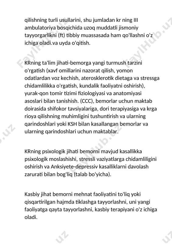 alliklarsiz. kardiojarrohlik operatsiyalaridan so'ng bemorlar (ksh va boshqalar), qoida tariqasida, krning barcha uch bosqichidan o'tadilar. aniq funktsiyasi buzilgan va tashqi yordamga to'liq bog'liq bo'lgan bemorlar, ya'ni.o'z-o'ziga xizmat ko'rsatish, ko'chirish va aloqa qilish uchun juda kam reabilitatsiya salohiyatiga ega (funktsiyalarni tiklash istiqbolisiz) palliativ muassasalarda tibbiy yordam ko'rsatiladi. kardioreabilitatsiyaning har bir bosqichining xususiyatlari krning har bir bosqichi turli xil omillar va ma'lum bir bemorning yurak patologiyasining turi bilan belgilanadigan o'ziga xos xususiyatlarga ega. kardioreabilitatsiya yordami kardiologik bemorning asosiy modelida — ami bo'lgan bemorda ko'rib chiqiladi. krning birinchi bosqichida bemor britga kiradi, u erda unga juda qisqa muddatli yotoqda dam olish (ha, 1-bosqich) va №1 mashqlar terapiyasi kompleksi buyuriladi (mashqlar terapiyasi komplekslarining batafsil tavsifi "elektrokardiogrammaning st segmenti ko'tarilgan oim: reabilitatsiya va ikkilamchi profilaktika" milliy klinik ko'rsatmalarida keltirilgan). jismoniy mashqlar terapiyasining metodisti / o'qituvchisi bemorni yotoqda yon tomonga burish, o'tirish va vertikal holatga o'tishni o'rgatadi. bu britda bo'lishning 2-3-kunida amalga oshiriladi. bemor bilan birinchi …