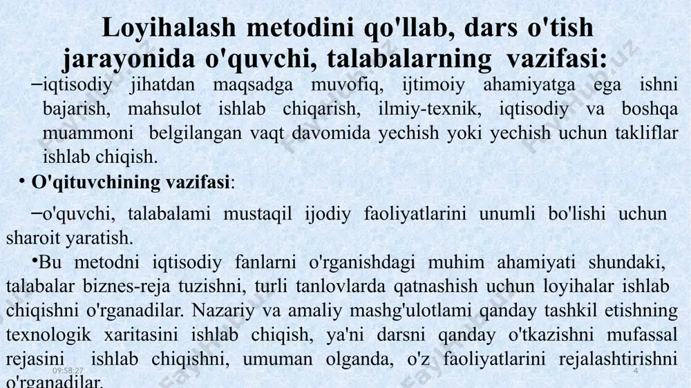 an natijalarni gavdalantirishi kerak. matnda, albatta, jadvallar, grafiklar, chizma, dasturlar va boshqa shunga o'xshash materiallar bo'lishi shart. 5-bosqich. ish taqrizga beriladi. loyihaga ekspert xulosasi olinadi, tashqi taqriz natijasini elon qilingach, tugallangan hisoblanadi. 6-bosqich. loyiha taqdimoti. taqdimot loyihada bajarilishi belgilangan mezonlar asosida jyuri yoki komissiya a'zolari tomonidan baholanadi. jyuri a'zolari tarkibi loyiha ishlab chiqilayotganda aniqlanadi. tayyorlangan loyihani ko'rib chiqib, tanlanib, so'ngra tayyorlangan hisobot ko'rib chiqiladi. 10:34:26 9 hay`at ishni baholashi uchun baholash mezonlari ishlab chiqiladi. bu mezonlar muammoni o'rganish darajasi, matnni aniq, tushunarli tarzda bayon qilinishi, o'ziga xosligi, rasmiylashtirish sifati, ko'rgazmali, namoyish loyihalar predmet va uning yo’nalishiga ko’ra bir-biridan farqlanadi. loyihalarda pedagog tomonidan ketma-ket amalga oshiriluvchi va tashhisning qo’yilishi bilan yakunlanuvchi tahliliy faoliyat; oldindan ko’ra bilish va loyihalash kabi ijodiy faoliyatlar namoyon bo’ladi. tashhis, oldindan ko’ra bilish va loyihalash har qanday pedagogik vazifani hal etishning ajralmas uchligi hisoblanadi. loyihaning maqsadi oldindan qog’ozda taqvim - reja, qisqacha yozma bayon sifatida aks ettiriladi. …